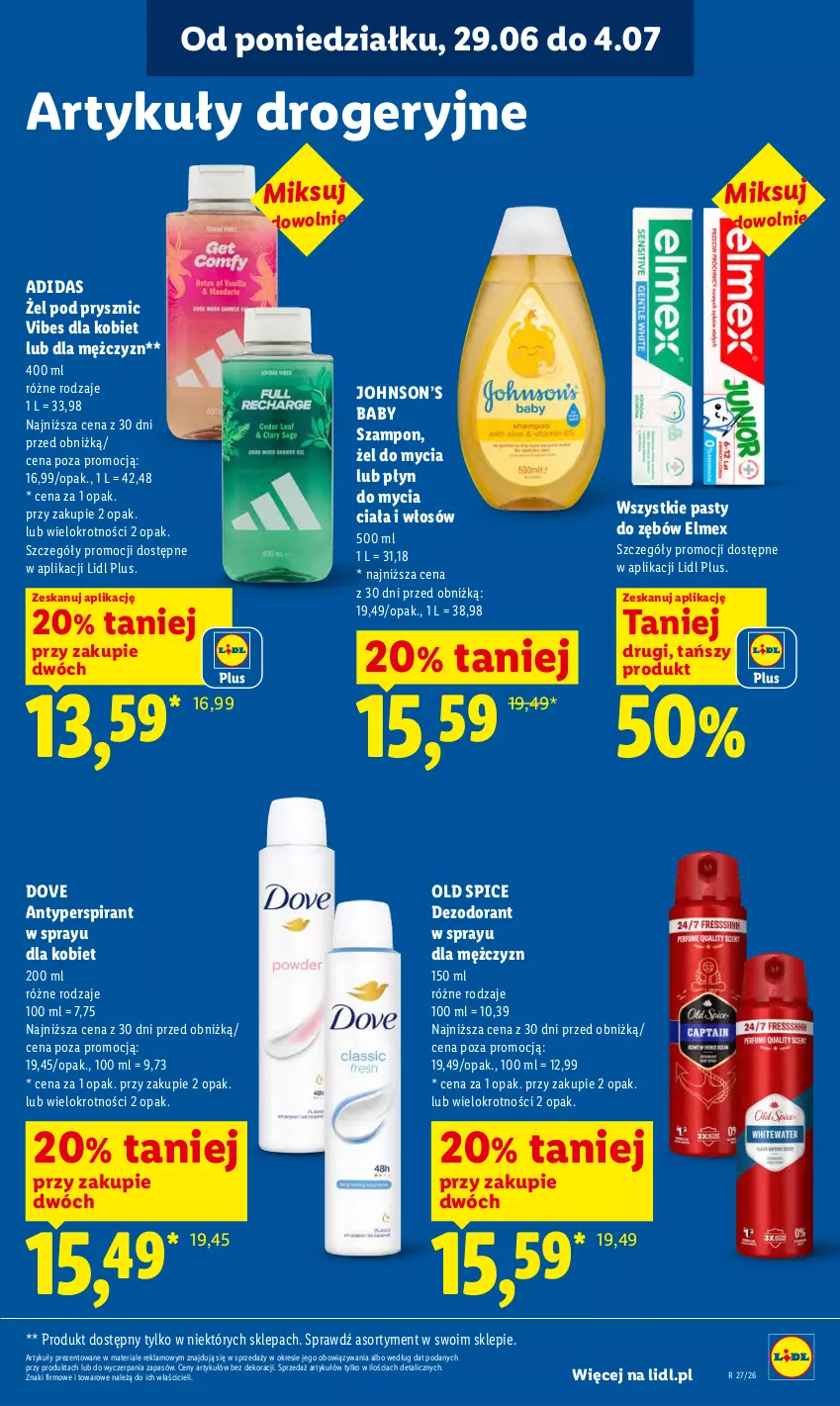 Gazetka promocyjna Lidl - Gazetka ważna od 2.07 do 4.07 - ważna 02.07 do 04.07.2026 - strona 85 - produkty: Adidas, Antyperspirant, Dezodorant, Dove, Elmex, Old Spice, Płyn do mycia, Szampon