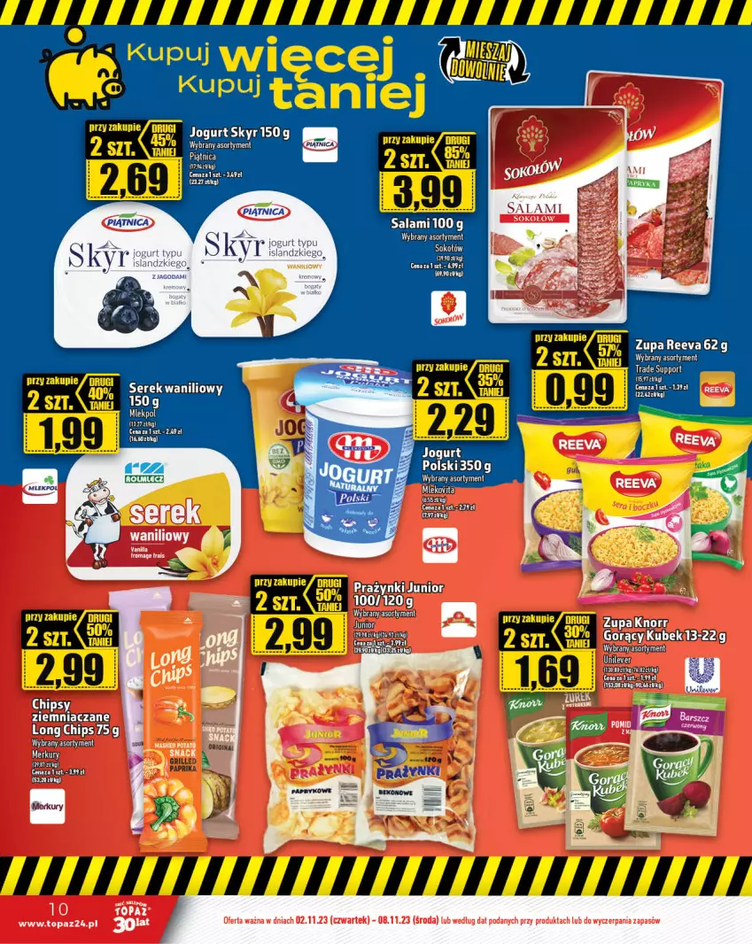 Gazetka promocyjna Topaz - Gazetka - ważna 02.11 do 08.11.2023 - strona 10 - produkty: Beko, Gin, Grill, Isla, Jogurt, Mleko, Mlekovita, Piątnica, Por, Salami, Ser, Serek, Top, Zupa