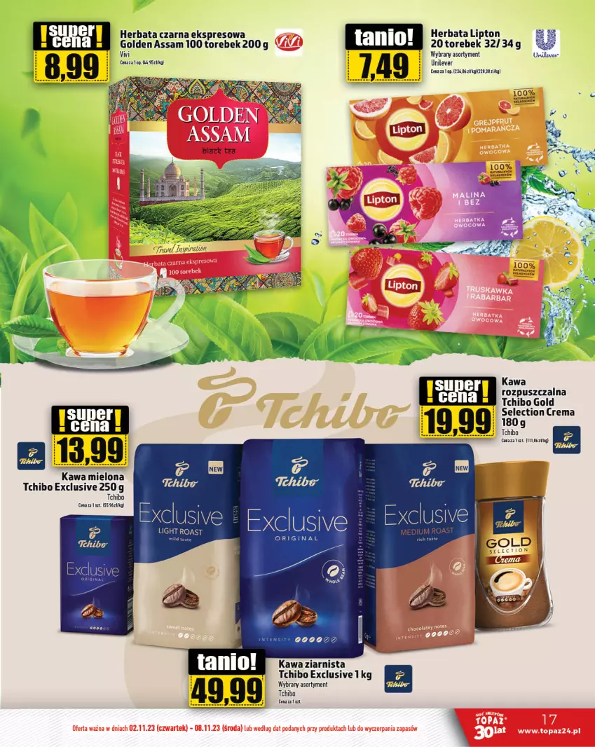 Gazetka promocyjna Topaz - Gazetka - ważna 02.11 do 08.11.2023 - strona 17 - produkty: Gin, Herbata, Herbata czarna, Kawa, Kawa mielona, Kawa ziarnista, Lipton, Tchibo