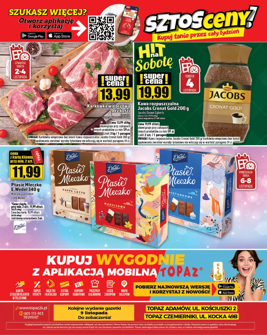 Gazetka promocyjna Topaz - Gazetka - ważna 02.11 do 08.11.2023 - strona 26 - produkty: Gin, Jacobs, Karkówka wieprzowa, Kawa, Kawa rozpuszczalna, Koc, Top, Waga