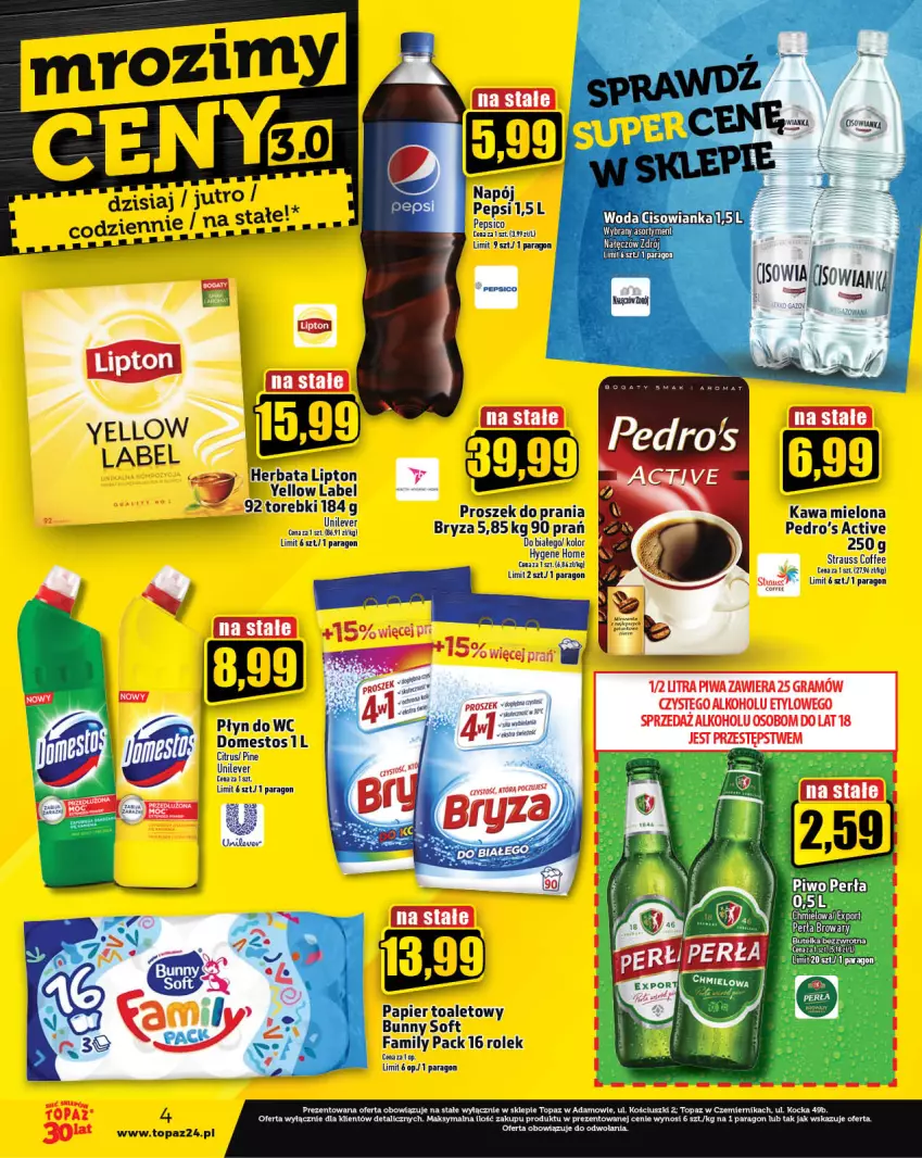 Gazetka promocyjna Topaz - Gazetka - ważna 02.11 do 08.11.2023 - strona 4 - produkty: Bryza, Domestos, Edam, Fa, Gra, Herbata, Kawa, Kawa mielona, Koc, Lipton, Napój, Papier, Papier toaletowy, Pepsi, Perła, Piwa, Piwo, Płyn do wc, Por, Proszek do prania, Top