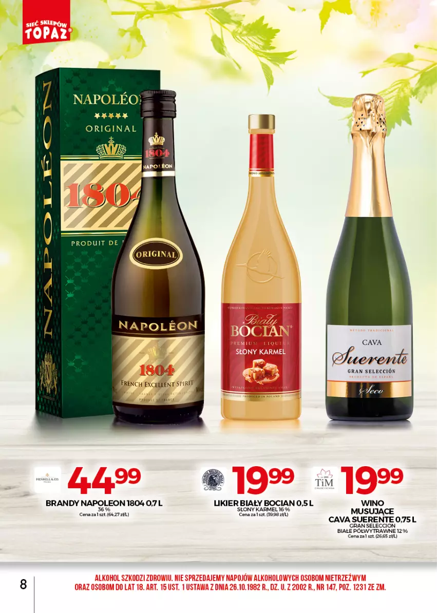 Gazetka promocyjna Topaz - Gazetka - ważna 01.04 do 30.04.2021 - strona 8 - produkty: Biały Bocian, Brandy, Gin, Gra, Leon, Likier, Mus, Oleo, Wino