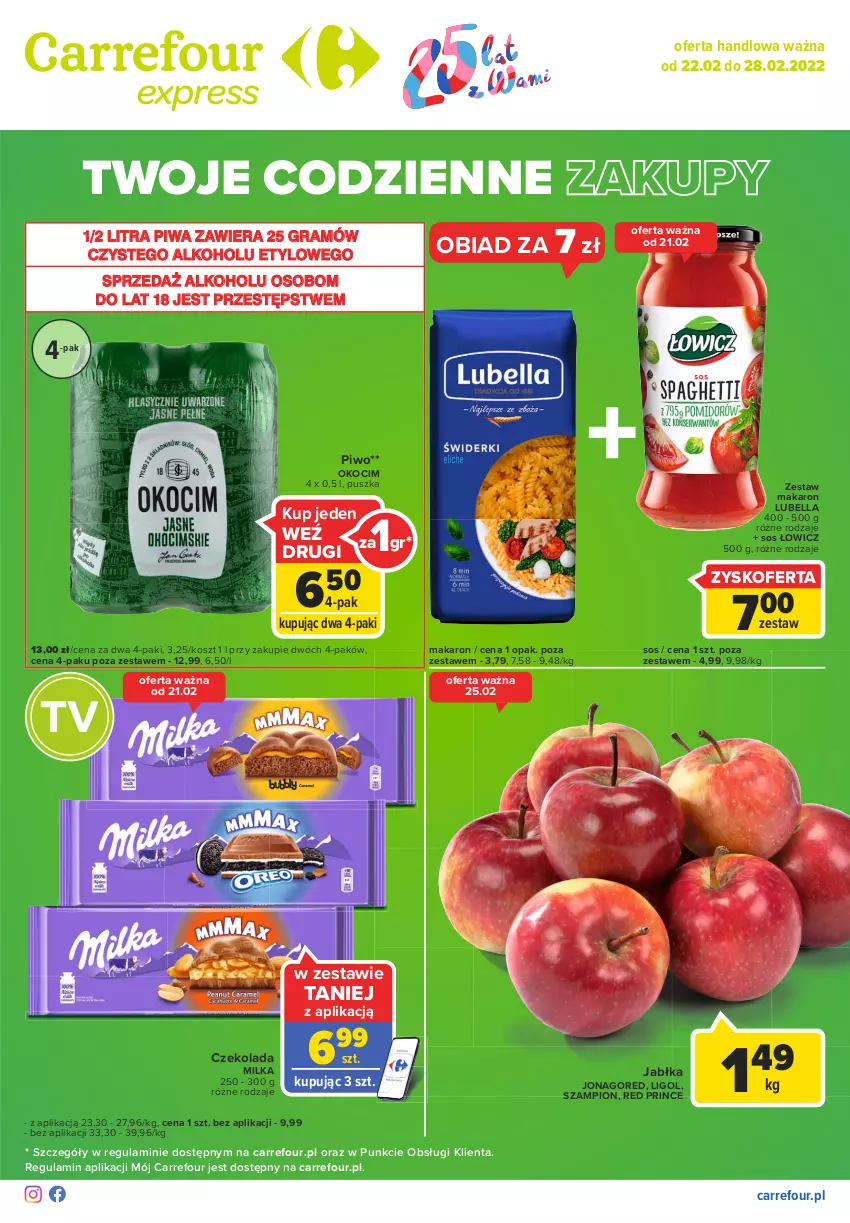 Gazetka promocyjna Carrefour - Gazetka Globi - ważna 15.02 do 21.02.2022 - strona 1 - produkty: Bell, Bella, Czekolada, Gra, Jabłka, Koc, Kosz, Ligol, Lubella, Makaron, Milka, Okocim, Piwa, Piwo, Sos, Szampion