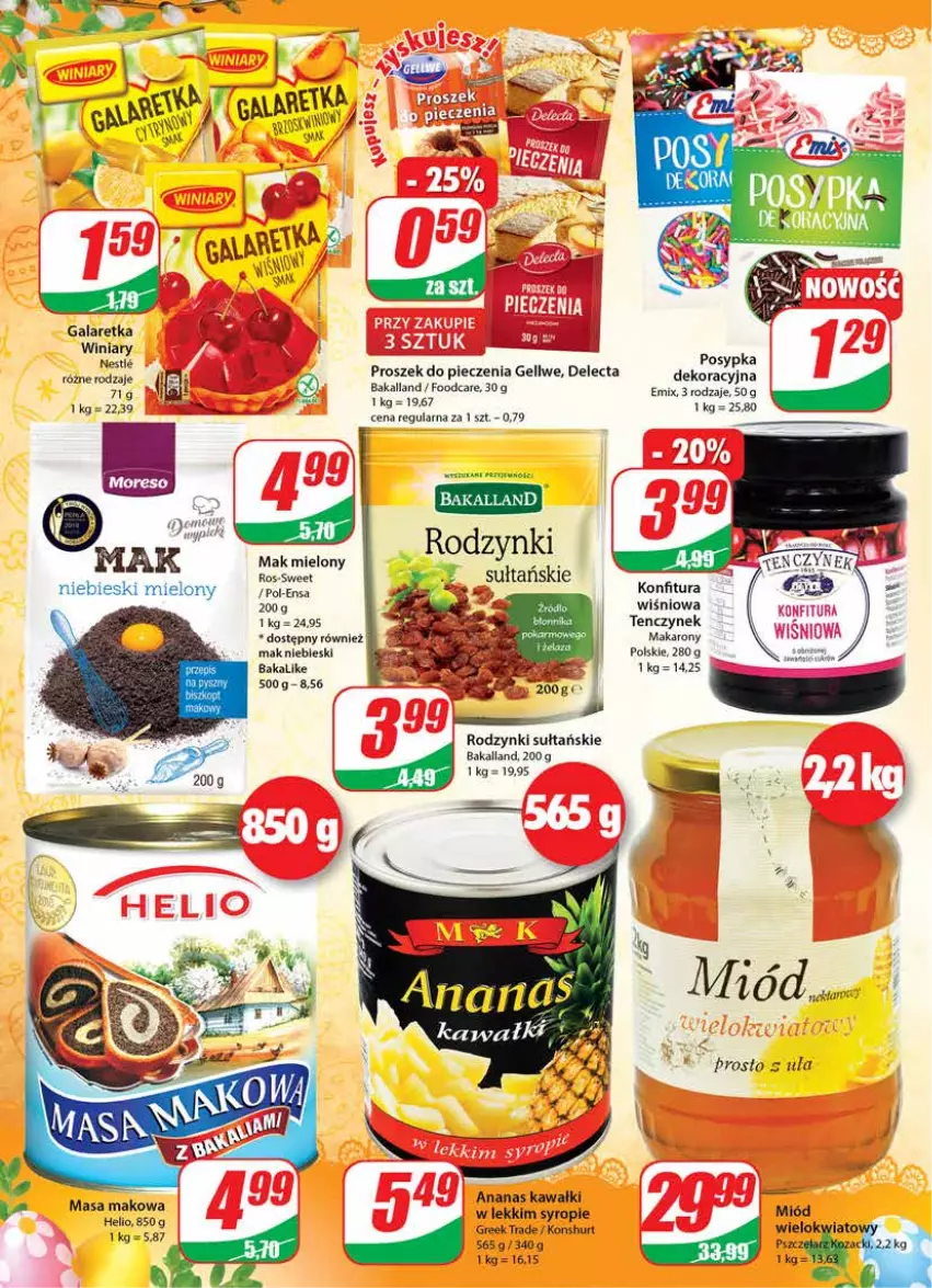 Gazetka promocyjna Dino - Gazetka - ważna 13.04 do 19.04.2022 - strona 6 - produkty: Ananas, Bakalland, Delecta, Gala, Galaretka, Kawa, Mak mielony, Makaron, Miód, Piec, Proszek do pieczenia, Rodzynki, Syrop, Winiary