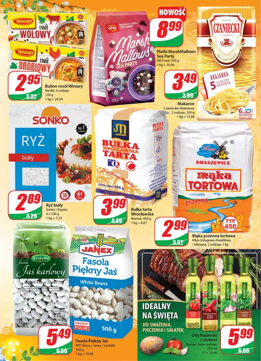 Gazetka promocyjna Dino - Gazetka - ważna 13.04 do 19.04.2022 - strona 7 - produkty: Bulion, Bułka, Bułka tarta, Fa, Fasola, Kiwi, Kujawski, Kupiec, Lion, Mąka, Mąka pszenna, Makaron, Mars, Marshmallows, Młynpol, Piec, Rosół, Ryż, Ryż biały, Sałat, Sonko, Tarta, Winiary