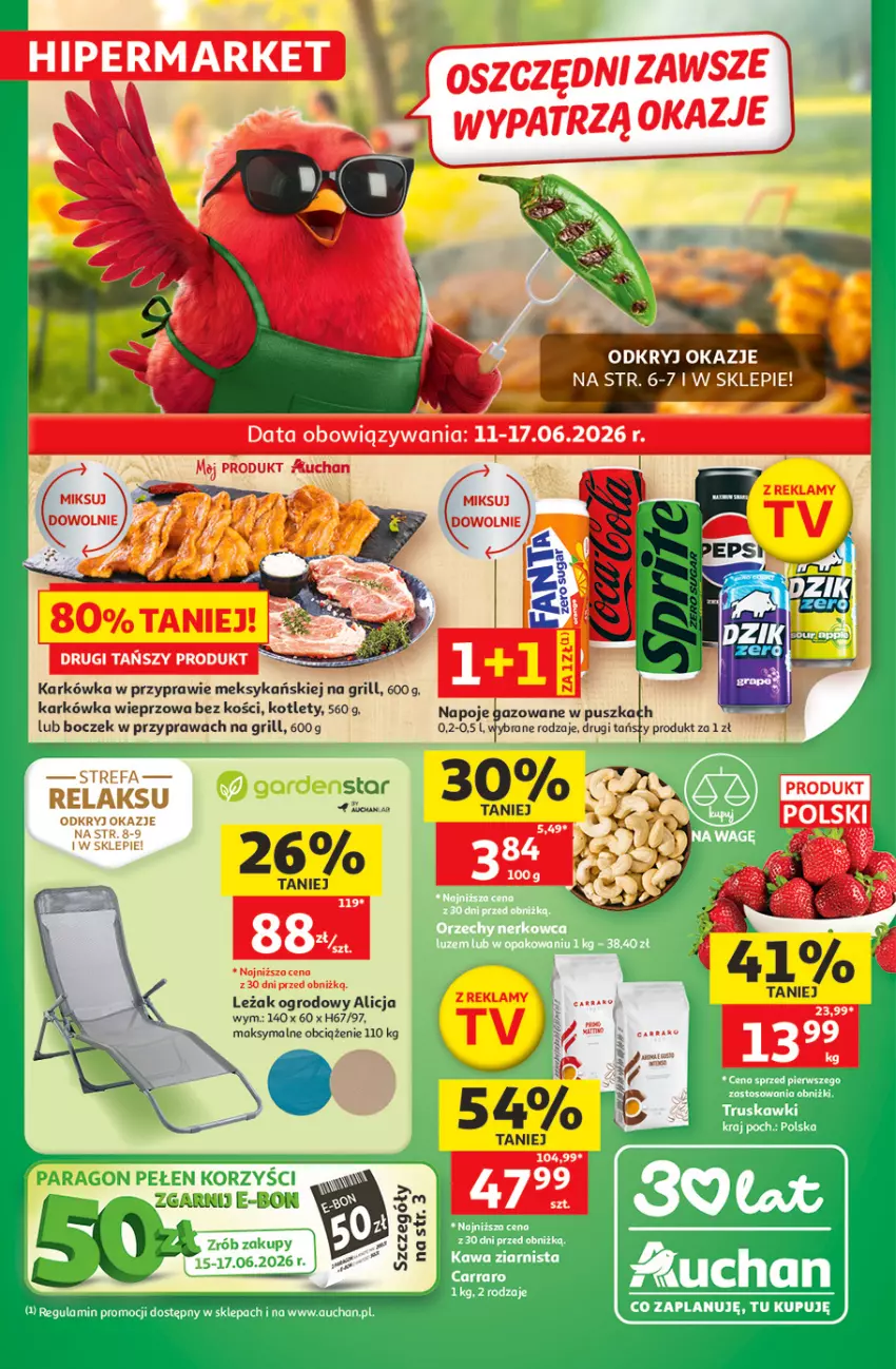 Gazetka promocyjna Auchan - Gazetka 30 Lat Hipermarket Auchan - ważna 11.06 do 17.06.2026 - strona 1 - produkty: Boczek, Fa, Grill, Karkówka wieprzowa, Kotlet, Napoje
