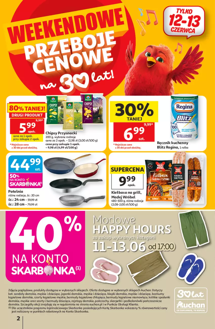 Gazetka promocyjna Auchan - Gazetka 30 Lat Hipermarket Auchan - ważna 11.06 do 17.06.2026 - strona 2 - produkty: Bermudy, Chipsy, Dzieci, Gin, Gra, Grill, Karp, Kiełbasa, Klapki, Kostium, Madej Wróbel, Patelnia, Pończochy, Rajstopy, Ręcznik, Sandał, Skarpetki, Szorty, Top, Znicz