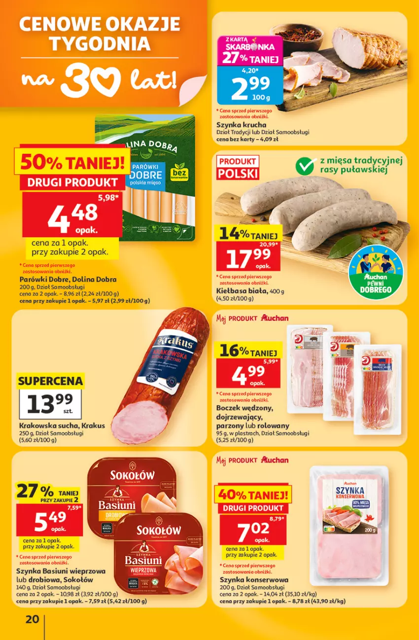 Gazetka promocyjna Auchan - Gazetka 30 Lat Hipermarket Auchan - ważna 11.06 do 17.06.2026 - strona 20 - produkty: Boczek, Kiełbasa, Kiełbasa biała, Krakus, Mięso, Parówki, Ser, Sok, Sokołów, Szynka, Szynka konserwowa