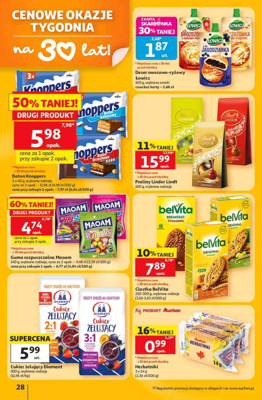 Gazetka promocyjna Auchan - Gazetka 30 Lat Hipermarket Auchan - ważna 11.06 do 17.06.2026 - strona 28 - produkty: Baton, BelVita, Ciastka, Cukier, Deser, Diamant, Fa, Guma rozpuszczalna, Herbatniki, Jagodzianka, Knoppers, Lindor, Lindt, Praliny, Ryż, Ser