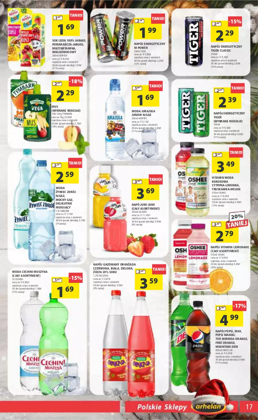 Gazetka promocyjna Arhelan - Gazetka - ważna 01.12 do 10.12.2023 - strona 17 - produkty: 7up, Danone, Hellena, Hortex, Kokos, Leon, Limonka, Mango, Melon, Mirinda, Mus, Napój, Napój energetyczny, Napój gazowany, Oranżada, Oshee, Pepsi, Sok, Szyna, Tiger, Tymbark, Woda