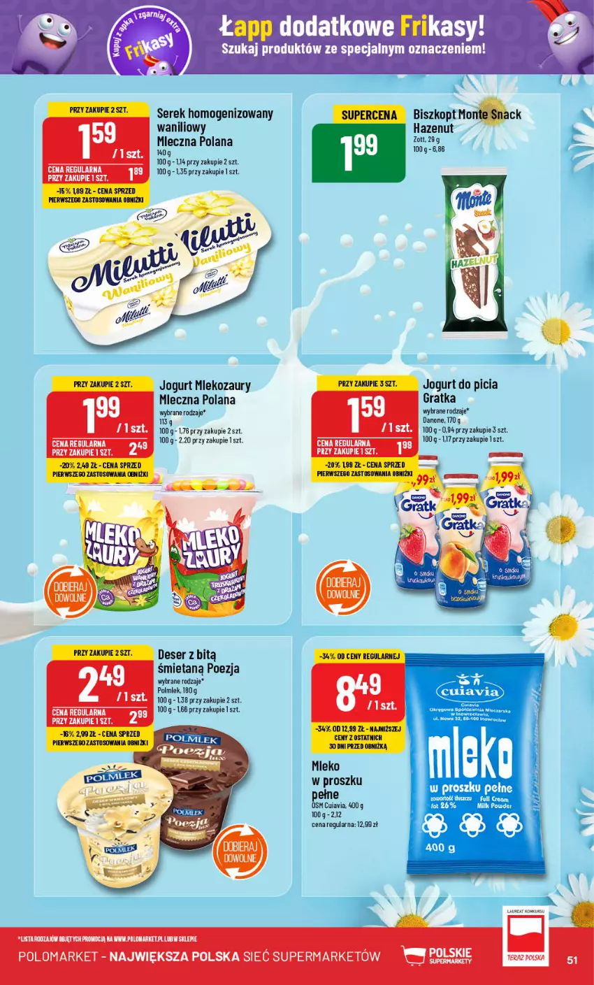 Gazetka promocyjna PoloMarket - Gazetka pomocyjna - ważna 11.09 do 17.09.2024 - strona 51 - produkty: Danone, Deser, Gra, Jogurt, LANA, Mleko, Mleko w proszku, POLMLEK, Ser, Serek, Serek homogenizowany, Tera