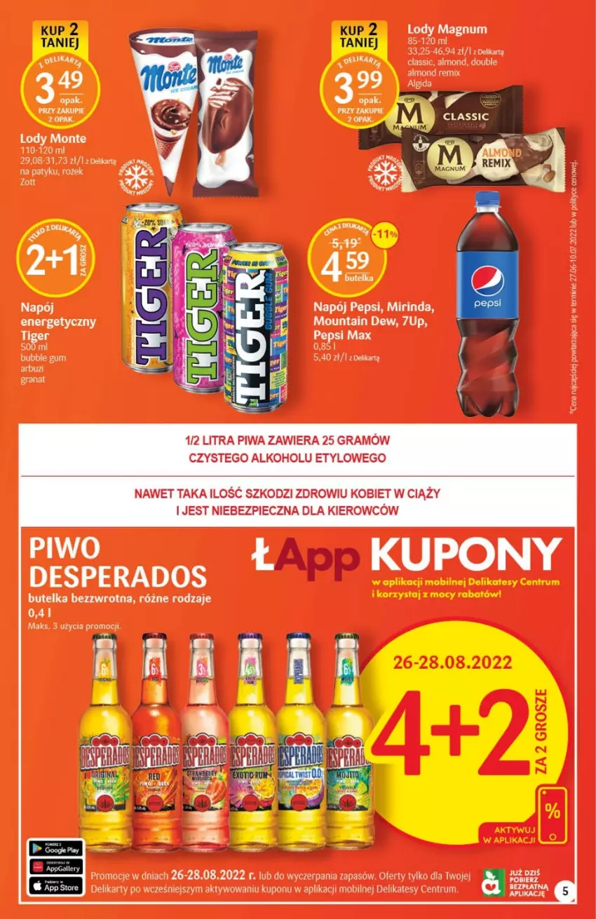 Gazetka promocyjna Delikatesy Centrum - Gazetka DC33 - ważna 25.08 do 31.08.2022 - strona 5 - produkty: 7up, Gra, Granat, Mirinda, Mobil, Napój, Pepsi, Piec, Piwa, Rum, Tiger