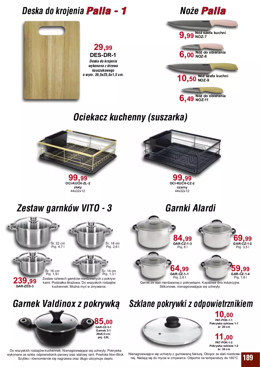 Gazetka promocyjna Bodzio - ważna 01.04 do 30.06.2024 - strona 189 - produkty: Deska do krojenia, Fa, Garnek, LANA, Noż, Ociekacz, Pokrywka szklana, Por, Suszarka, Uchwyty