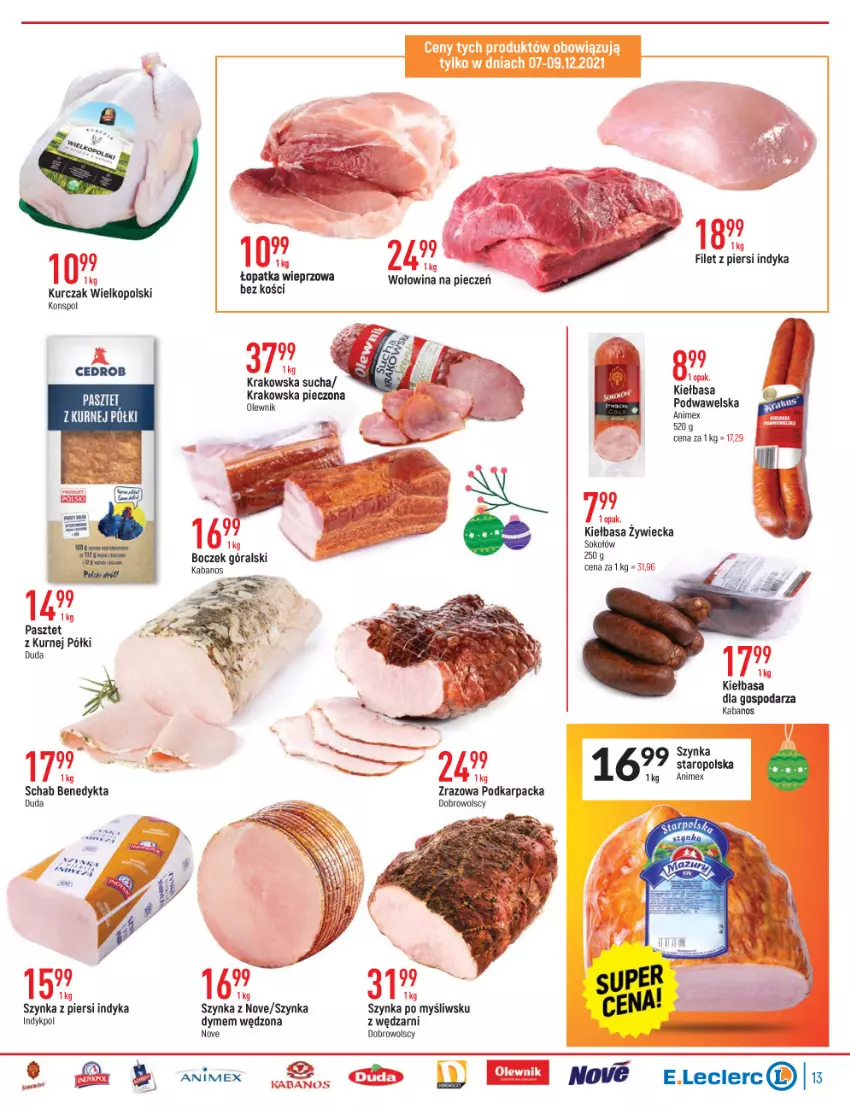 Gazetka promocyjna E Leclerc - ważna 07.12 do 19.12.2021 - strona 13 - produkty: Boczek, Duda, Filet z piersi indyka, Kabanos, Karp, Kiełbasa, Kiełbasa podwawelska, Kiełbasa zywiecka, Kurczak, Olewnik, Pasztet, Piec, Sok, Sokołów, Szynka, Wawel