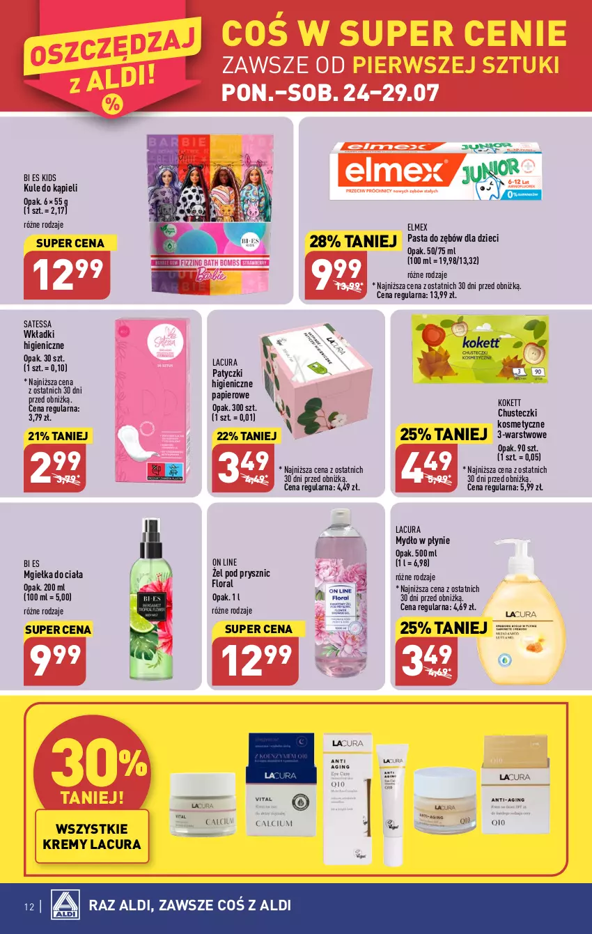 Gazetka promocyjna Aldi - Pełna oferta - ważna 24.07 do 29.07.2023 - strona 12 - produkty: Chusteczki, Chusteczki kosmetyczne, Dzieci, Elmex, Flora, Mydło, Mydło w płynie, Papier, Pasta do zębów, Wkładki