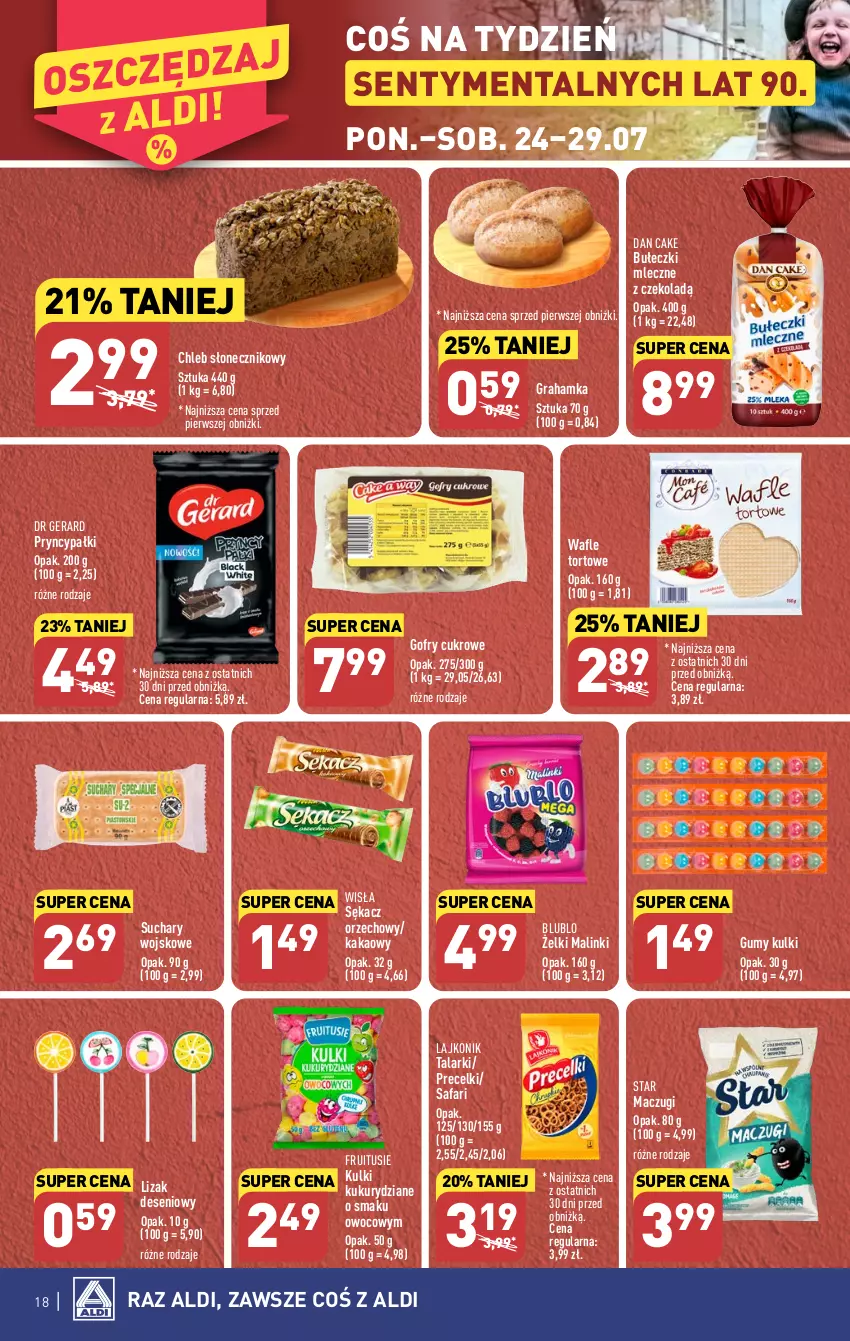 Gazetka promocyjna Aldi - Pełna oferta - ważna 24.07 do 29.07.2023 - strona 18 - produkty: Bułeczki, Bułeczki mleczne, Chleb, Dan Cake, Dr Gerard, Fa, Gofry, Gra, Kakao, Lajkonik, Precelki, Sękacz, Wafle, Wafle tortowe