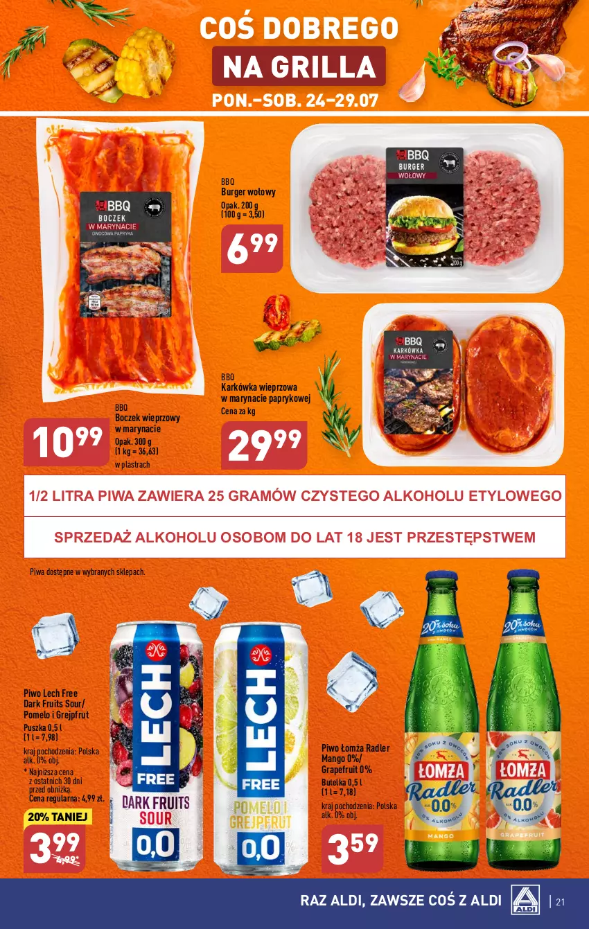 Gazetka promocyjna Aldi - Pełna oferta - ważna 24.07 do 29.07.2023 - strona 21 - produkty: Boczek, Boczek wieprzowy, Burger, Gra, Grejpfrut, Grill, Karkówka wieprzowa, Mango, Piwa, Piwo, Pomelo, Radler