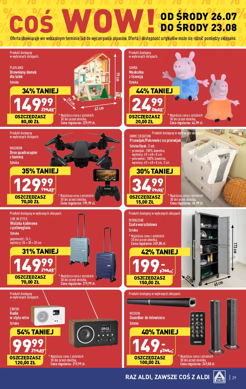 Gazetka promocyjna Aldi - Pełna oferta - ważna 24.07 do 29.07.2023 - strona 29 - produkty: Domek dla lalek, Dron, Fa, Gin, Pokrowiec, Soundbar, Szafa, Telewizor, Walizka, Wełna