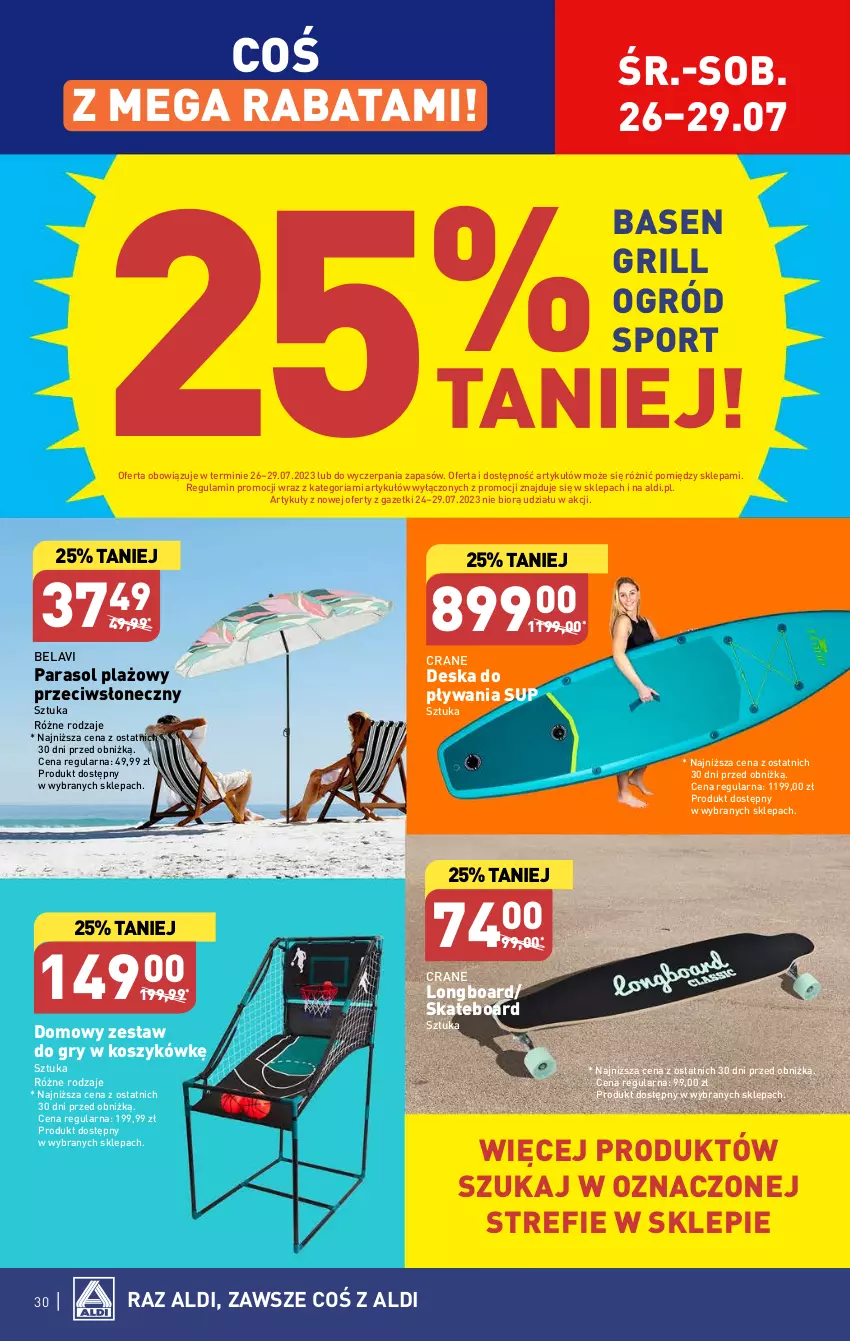 Gazetka promocyjna Aldi - Pełna oferta - ważna 24.07 do 29.07.2023 - strona 30 - produkty: Grill, Gry, Kosz, Ogród, Parasol, Por, Skateboard, Sport