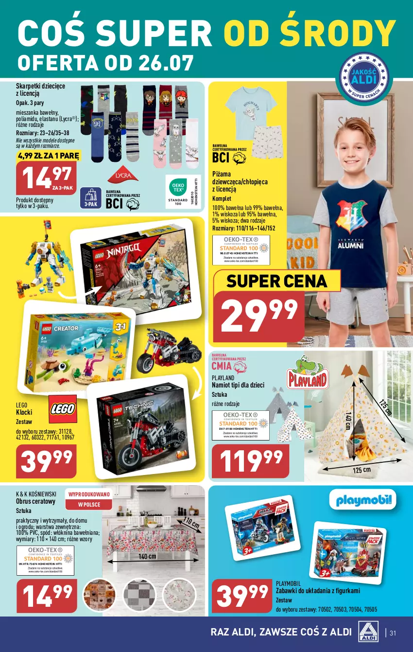 Gazetka promocyjna Aldi - Pełna oferta - ważna 24.07 do 29.07.2023 - strona 31 - produkty: Dzieci, Karp, Klocki, LEGO, Mobil, Namiot, Obrus, Piżama, Playmobil, Skarpetki, Wełna