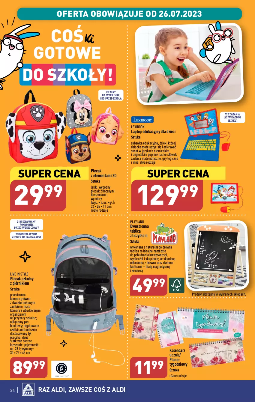 Gazetka promocyjna Aldi - Pełna oferta - ważna 24.07 do 29.07.2023 - strona 34 - produkty: Atomic, Dzieci, Gry, Kalendarz, Organizer, Piórnik, Plecak, Pokrowiec, Top, Zabawka