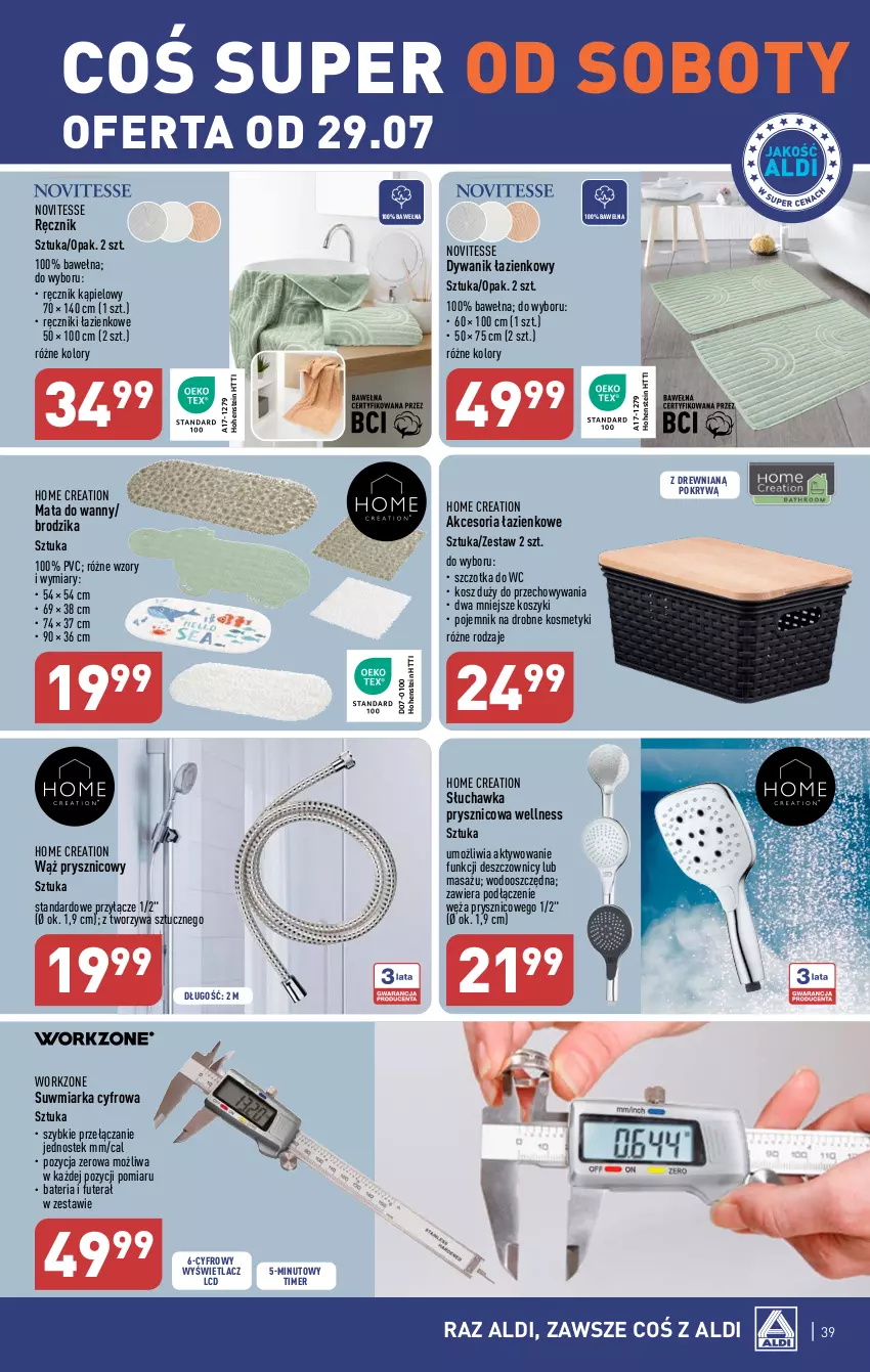 Gazetka promocyjna Aldi - Pełna oferta - ważna 24.07 do 29.07.2023 - strona 39 - produkty: Bateria, Brodzik, Dywan, Dywanik, Dywanik łazienkowy, Kosz, Miarka, Pojemnik, Ręcznik, Ręcznik kąpielowy, Słuchawka prysznicowa, Stek, Szczotka, Szczotka do WC, Tera, Wełna