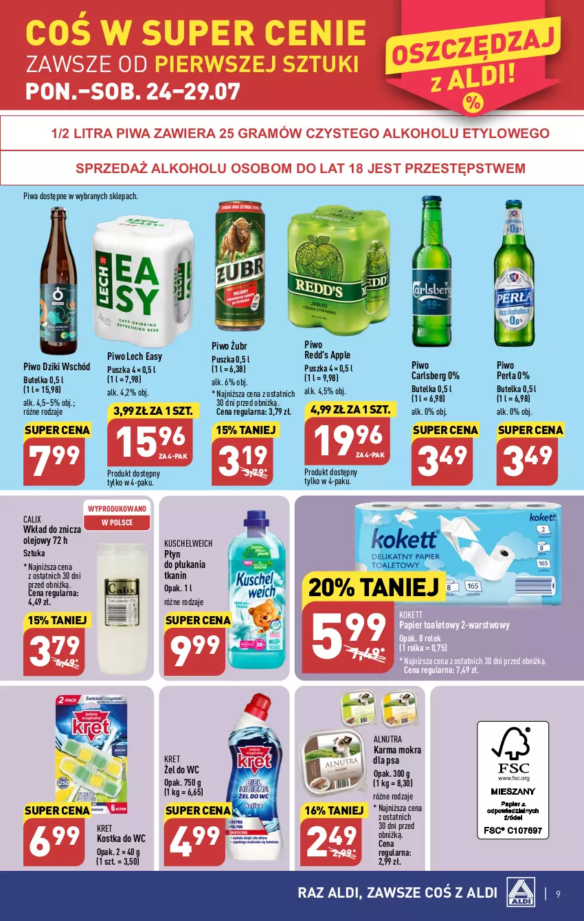 Gazetka promocyjna Aldi - Pełna oferta - ważna 24.07 do 29.07.2023 - strona 9 - produkty: Carlsberg, Gra, Kostka do wc, Kret, Olej, Papier, Papier toaletowy, Perła, Piwa, Piwo, Płyn do płukania, Redd's, Znicz