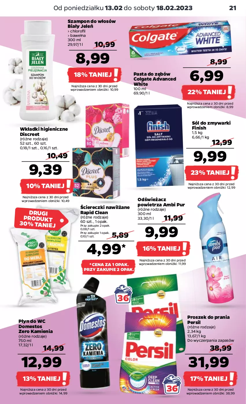 Gazetka promocyjna Netto - Artykuły spożywcze - ważna 13.02 do 18.02.2023 - strona 21 - produkty: Ambi Pur, Biały Jeleń, Colgate, Discreet, Domestos, Finish, LG, Odświeżacz powietrza, Pasta do zębów, Persil, Płyn do wc, Proszek do prania, Pur, Sól, Szampon, Wełna, Wkładki, Zmywarki