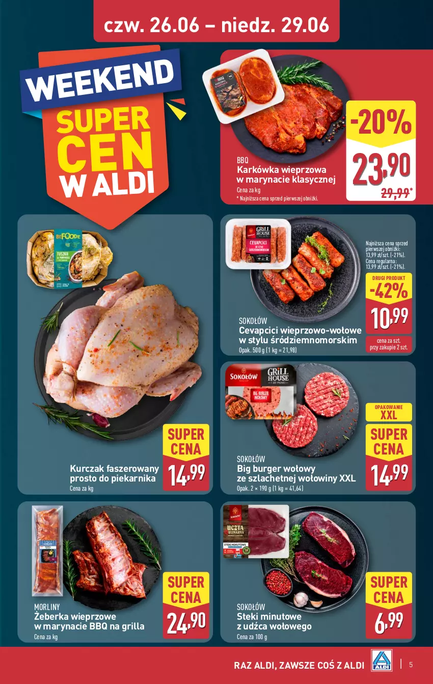 Gazetka promocyjna Aldi - Oferta weekendowa - ważna 26.06 do 29.06.2025 - strona 5 - produkty: Burger, Fa, Grill, Karkówka wieprzowa, Kurczak, Morliny, Piekarnik, Sok, Sokołów, Stek