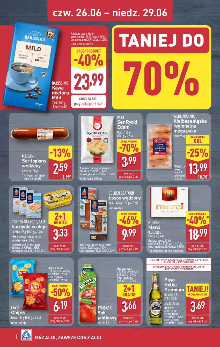 Gazetka promocyjna Aldi - Oferta weekendowa - ważna 26.06 do 29.06.2025 - strona 6 - produkty: Chipsy, Edam, Golden Seafood, Gra, Kawa, Kawa mielona, Kiełbasa, Kiełbasa śląska, Merci, Olej, Piwa, Piwo, Rycki Edam, Sardynki, Ser, Ser topiony, Sok, Sok jabłkowy, Top, Tymbark