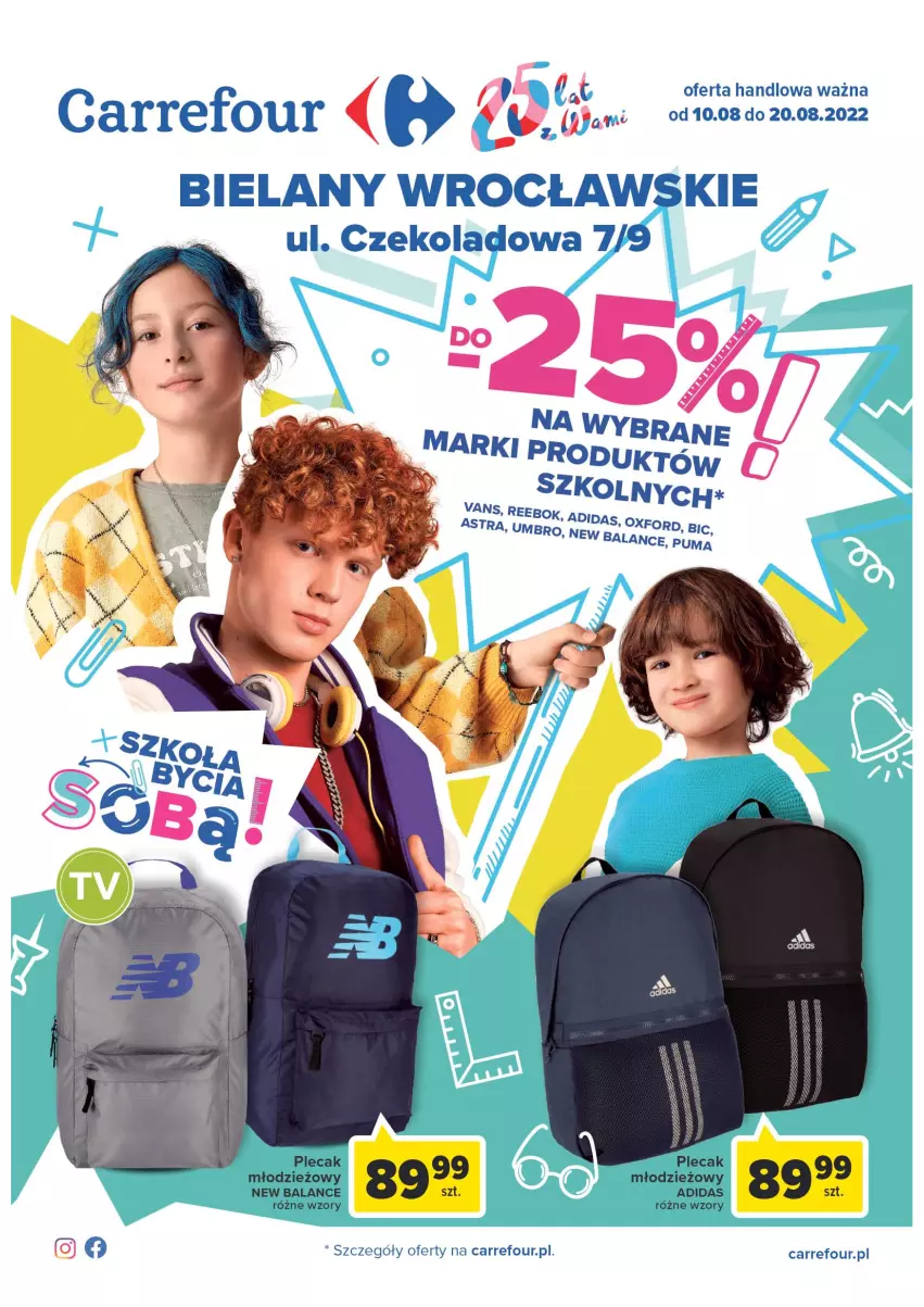 Gazetka promocyjna Carrefour - Gazetka Szkoła bycia sobą Bielany Wrocławskie - ważna 10.08 do 20.08.2022 - strona 1 - produkty: Adidas, Plecak