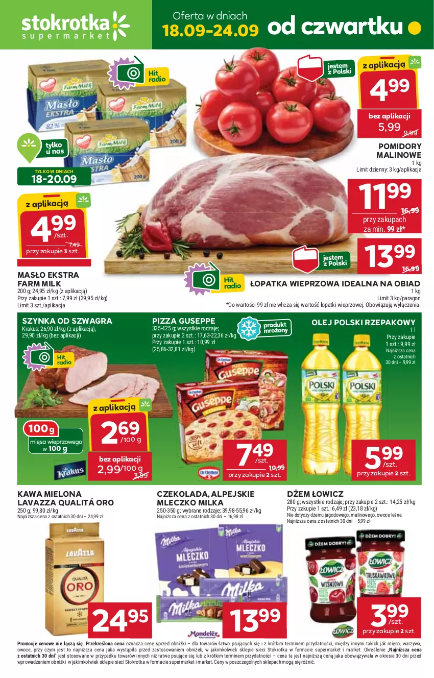 Gazetka promocyjna Stokrotka - Supermarket - ważna 18.09 do 24.09.2025 - strona 1 - produkty: Czekolada, Dżem, Fa, Farm Milk, Gra, Kawa, Kawa mielona, Krakus, Lavazza, Masło, Mięso, Milka, Mleczko, Olej, Owoce, Pizza, Pomidory, Szynka, Warzywa