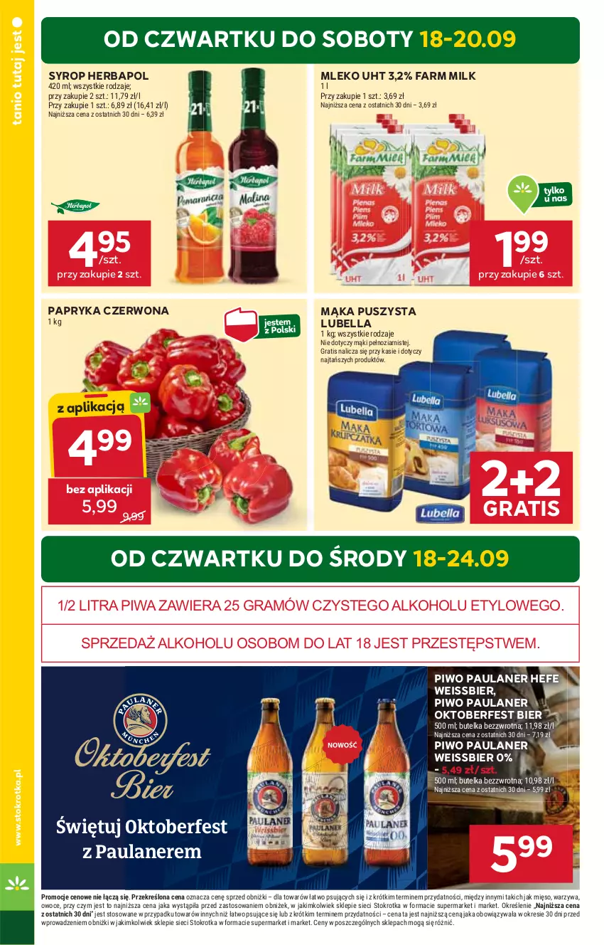 Gazetka promocyjna Stokrotka - Supermarket - ważna 18.09 do 24.09.2025 - strona 2 - produkty: Bell, Bella, Fa, Farm Milk, Gra, Herbapol, Lubella, Mąka, Mięso, Mleko, Owoce, Papryka, Papryka czerwona, Piwa, Piwo, Syrop, Warzywa