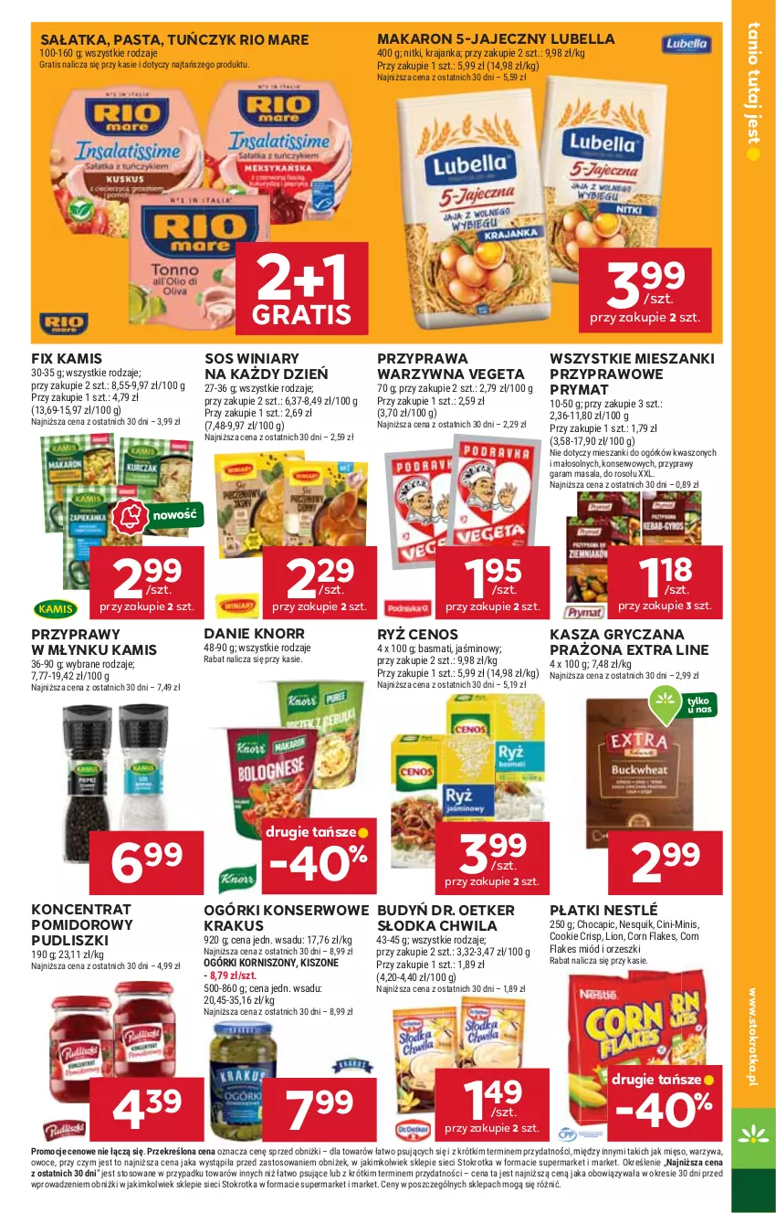 Gazetka promocyjna Stokrotka - Supermarket - ważna 18.09 do 24.09.2025 - strona 23 - produkty: Bell, Bella, Budyń, Cenos, Corn flakes, Dr. Oetker, Gra, Gry, Kamis, Kasza, Kasza gryczana, Knorr, Koncentrat pomidorowy, Korniszony, Krakus, Lion, Lubella, Makaron, Mięso, Miód, Nesquik, Nestlé, Ogórki konserwowe, Orzeszki, Owoce, Prymat, Przyprawy, Pudliszki, Rio Mare, Ryż, Sałat, Sałatka, Ser, Słodka Chwila, Sos, Tuńczyk, Vegeta, Warzywa, Winiary