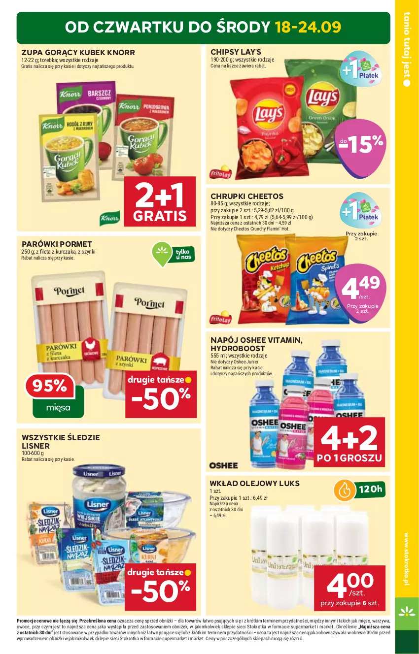 Gazetka promocyjna Stokrotka - Supermarket - ważna 18.09 do 24.09.2025 - strona 3 - produkty: Cheetos, Chipsy, Chrupki, Gra, Knorr, Kubek, Kurczak, Lay’s, Lisner, Mięso, Napój, Olej, Oshee, Owoce, Parówki, Por, Torebka, Warzywa, Wkład olejowy, Zupa