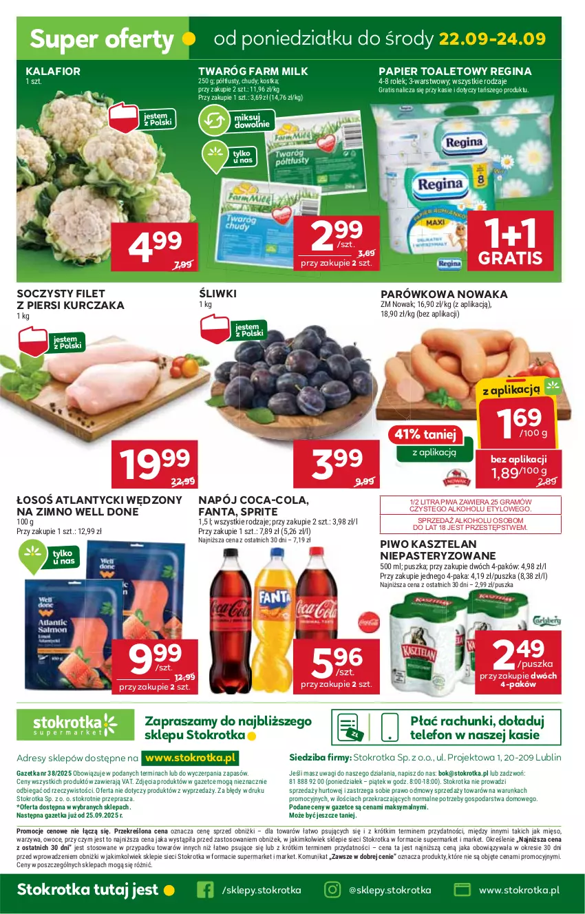 Gazetka promocyjna Stokrotka - Supermarket - ważna 18.09 do 24.09.2025 - strona 48 - produkty: Coca-Cola, Dres, Fa, Fanta, Farm Milk, Filet z piersi kurczaka, Gin, Gra, JBL, Kalafior, Kasztelan, Kurczak, Mięso, Napój, NOWAK, O nas, Owoce, Papier, Papier toaletowy, Piwa, Piwo, Sprite, Telefon, Twaróg, Wagi, Warzywa