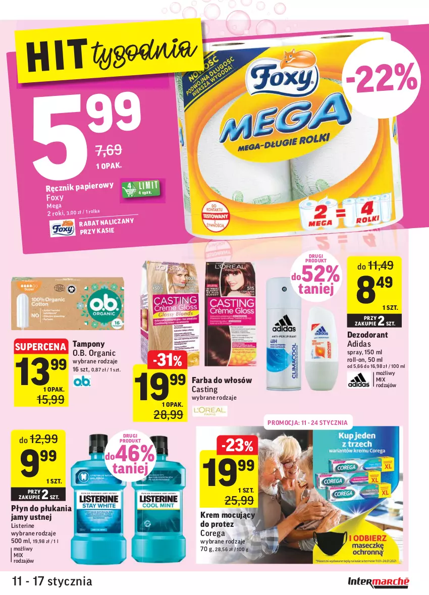 Gazetka promocyjna Intermarche - ważna 11.01 do 17.01.2022 - strona 35 - produkty: Adidas, Corega, Dezodorant, Fa, Farba do włosów, Foxy, Listerine, O.B., Papier, Płyn do płukania, Płyn do płukania jamy ustnej, Ręcznik, Tampony