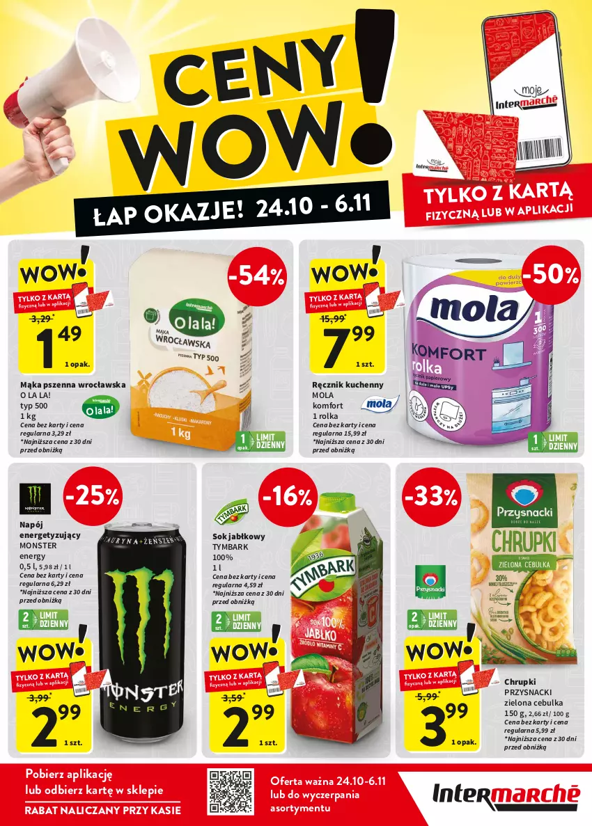 Gazetka promocyjna Intermarche - Gazetka Intermarche - ważna 24.10 do 06.11.2024 - strona 2 - produkty: Chrupki, Mąka, Mąka pszenna, Mola, Napój, Przysnacki, Ręcznik, Ręcznik kuchenny, Sok, Sok jabłkowy, Tymbark