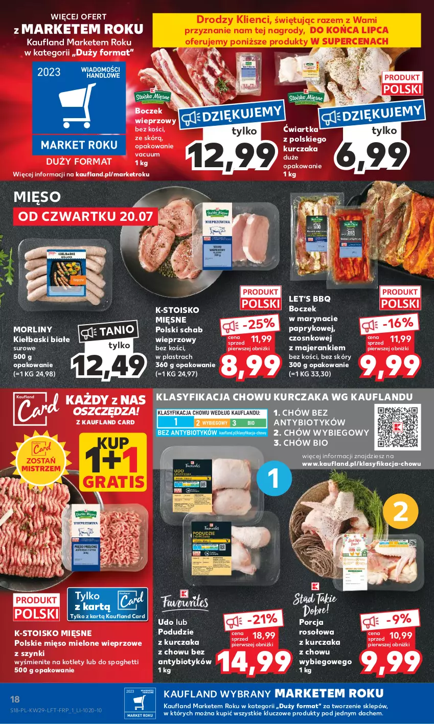 Gazetka promocyjna Kaufland - Gazetka tygodnia - ważna 20.07 do 26.07.2023 - strona 18 - produkty: Boczek, Boczek wieprzowy, Gra, Kiełbaski białe, Kotlet, Kurczak, Mięso, Mięso mielone, Morliny, Podudzie z kurczaka, Por, Schab wieprzowy, Spaghetti