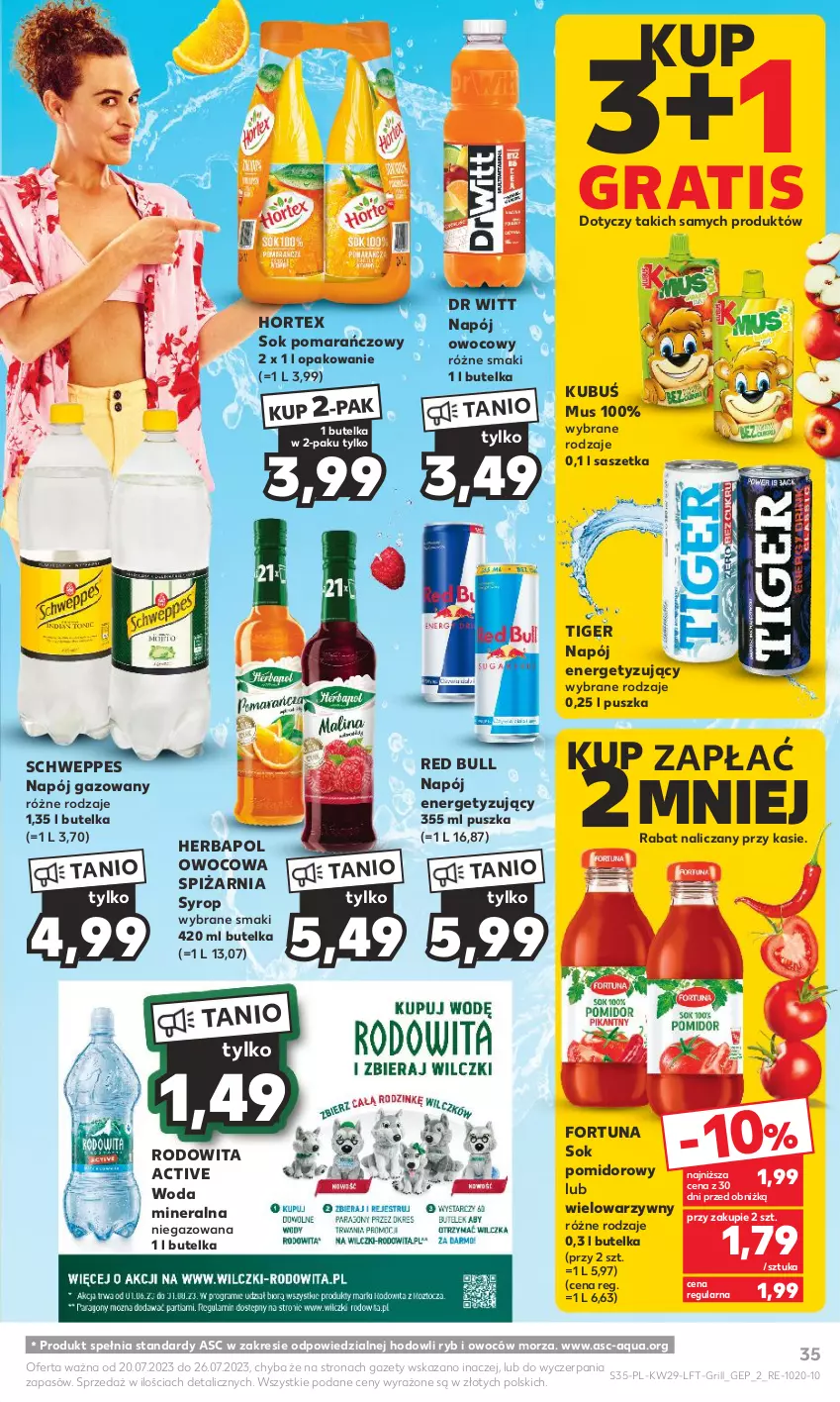 Gazetka promocyjna Kaufland - Gazetka tygodnia - ważna 20.07 do 26.07.2023 - strona 35 - produkty: Fortuna, Gra, Grill, Herbapol, Hortex, Kubuś, Mus, Napój, Napój gazowany, Red Bull, Schweppes, Sok, Sok pomarańczowy, Sok pomidorowy, Syrop, Tiger, Woda, Woda mineralna