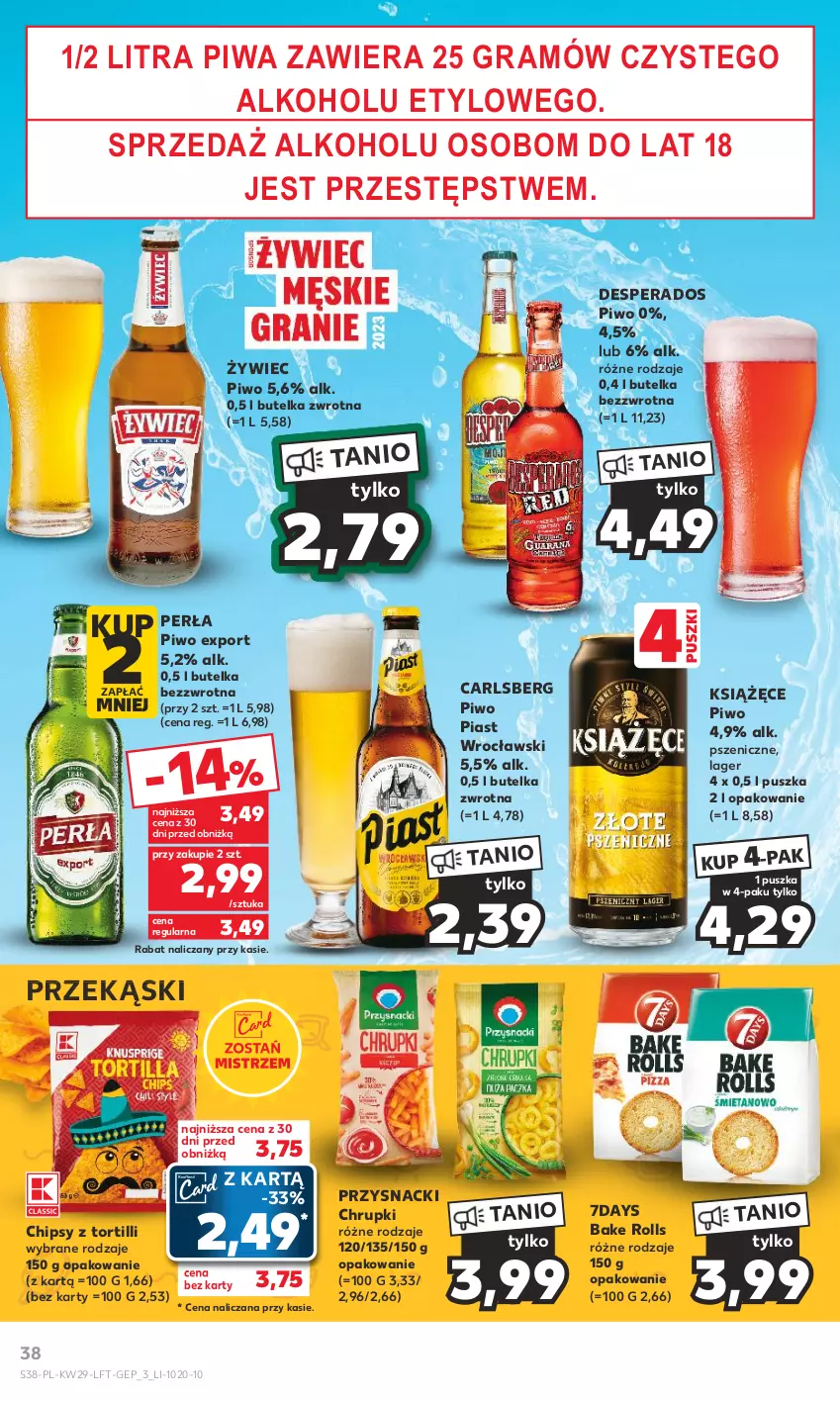 Gazetka promocyjna Kaufland - Gazetka tygodnia - ważna 20.07 do 26.07.2023 - strona 38 - produkty: Bake Rolls, Carlsberg, Chipsy, Chrupki, Desperados, Gra, Książęce, Perła, Piast, Piwa, Piwo, Por, Przysnacki