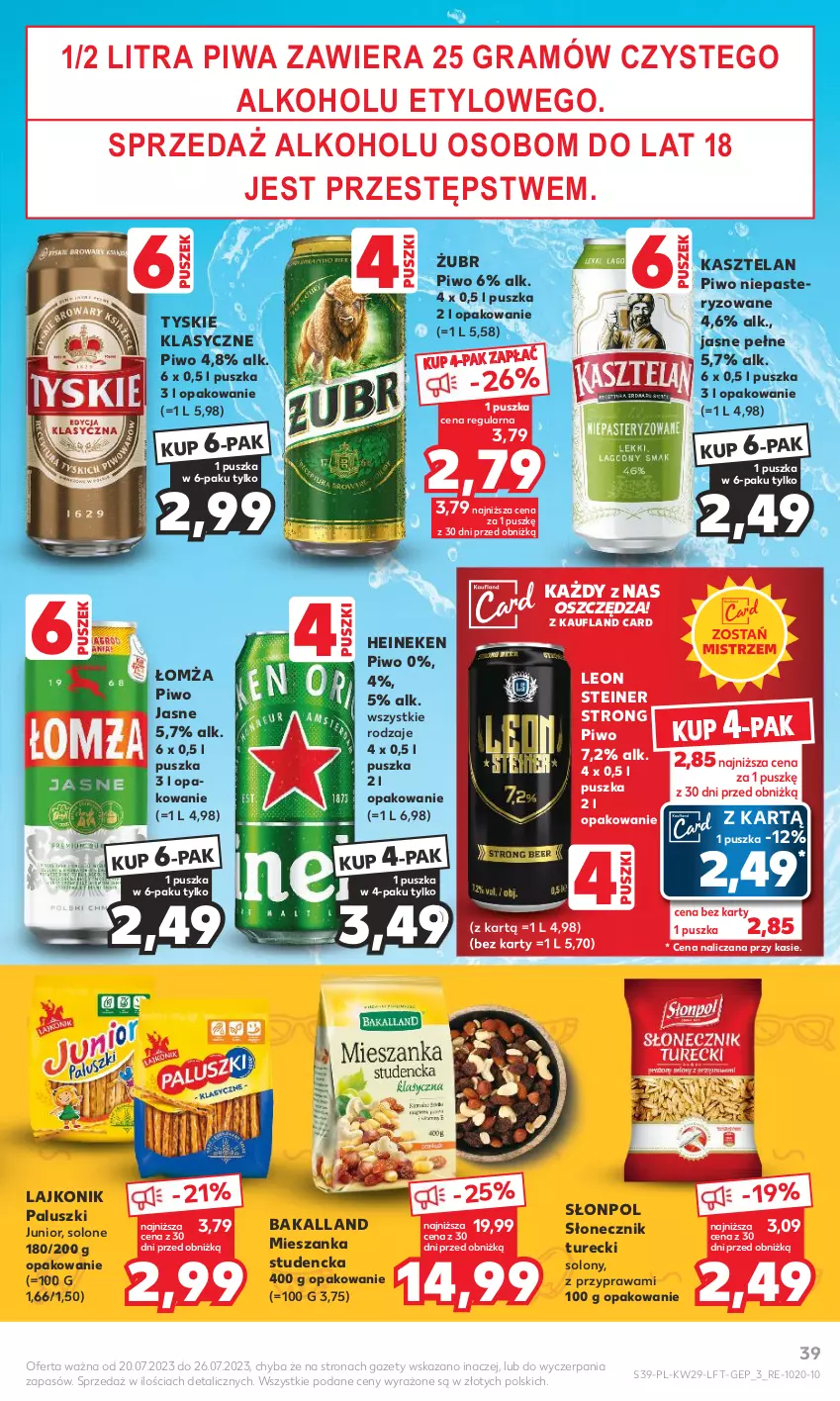 Gazetka promocyjna Kaufland - Gazetka tygodnia - ważna 20.07 do 26.07.2023 - strona 39 - produkty: Bakalland, Gra, Heineken, Kasztelan, Lajkonik, Leon, Mieszanka studencka, Piwa, Piwo, Piwo jasne, Słonecznik turecki, Słonpol, Tyskie