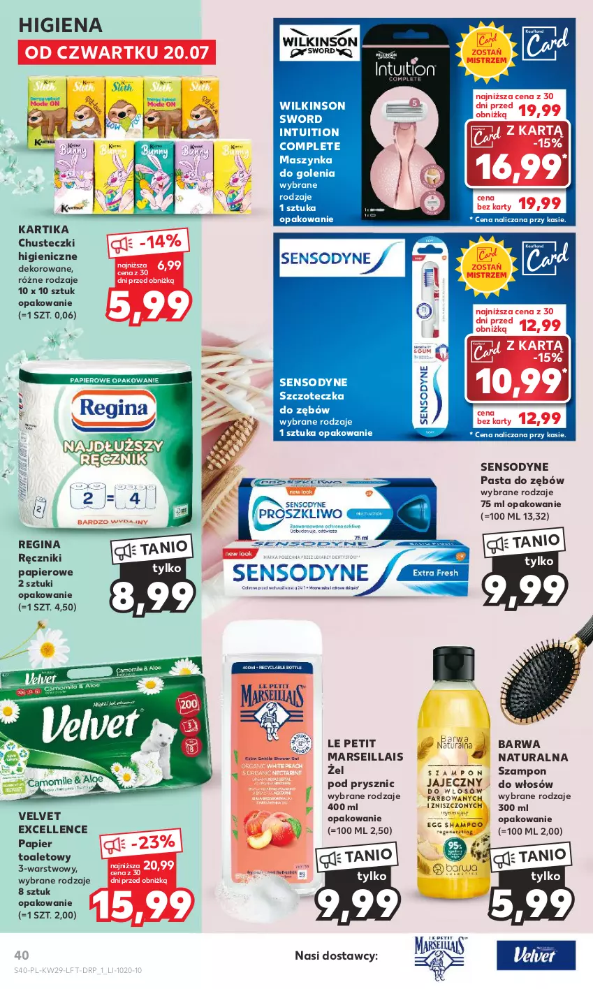 Gazetka promocyjna Kaufland - Gazetka tygodnia - ważna 20.07 do 26.07.2023 - strona 40 - produkty: Barwa Naturalna, Chusteczki, Gin, Mars, Maszynka, Maszynka do golenia, Papier, Papier toaletowy, Pasta do zębów, Ręcznik, Ręczniki papierowe, Sensodyne, Szampon, Szczoteczka, Szczoteczka do zębów, Szynka, Velvet, Wilkinson Sword