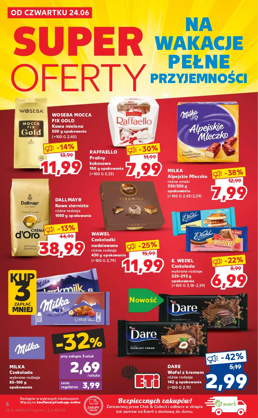 Gazetka promocyjna Kaufland - OFERTA TYGODNIA - ważna 24.06 do 30.06.2021 - strona 6 - produkty: Czekolada, Dallmayr, E. Wedel, Fa, Kawa, Kawa mielona, Kawa ziarnista, Kokos, Milka, Mleczko, Mocca Fix Gold, Piec, Praliny, Raffaello, Wawel, Woseba