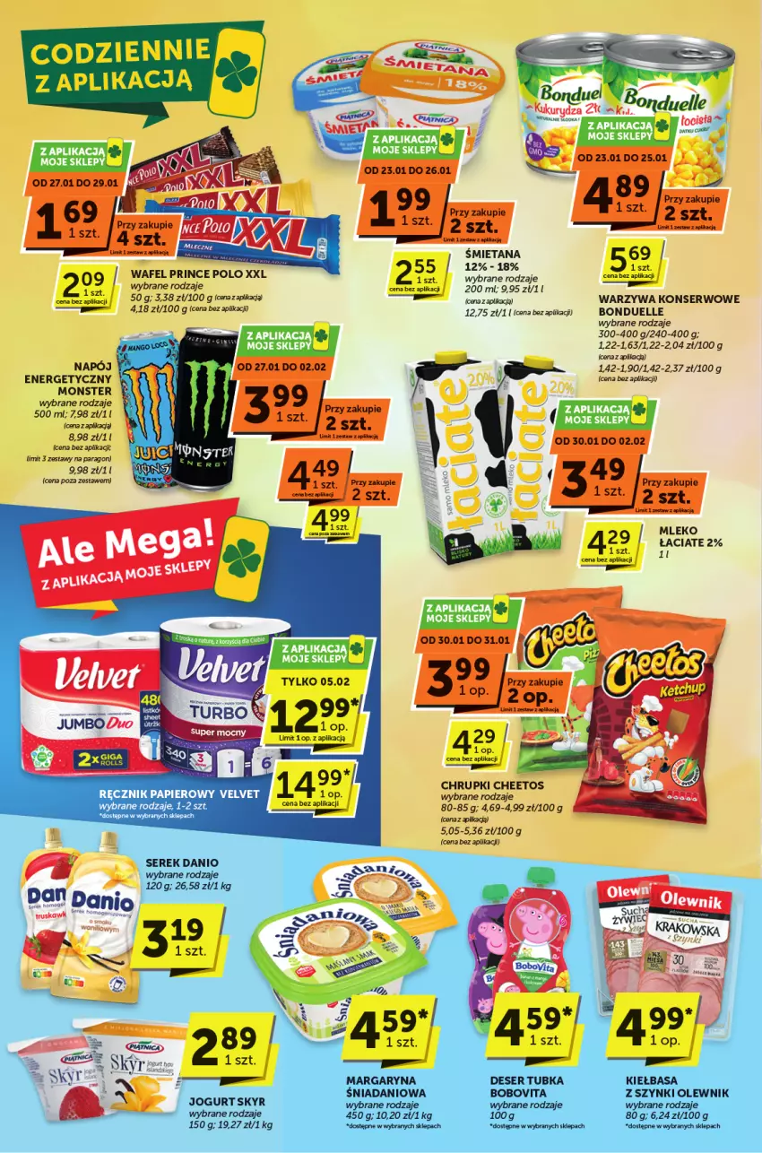 Gazetka promocyjna ABC - ważna 23.01 do 04.02.2025 - strona 2 - produkty: BoboVita, Bonduelle, Cheetos, Chrupki, Danio, Deser, Jogurt, Kiełbasa, Kukurydza, Margaryna, Mleko, Napój, Napój energetyczny, Olewnik, Papier, Prince Polo, Ręcznik, Ser, Serek, Velvet, Warzywa, Warzywa konserwowe