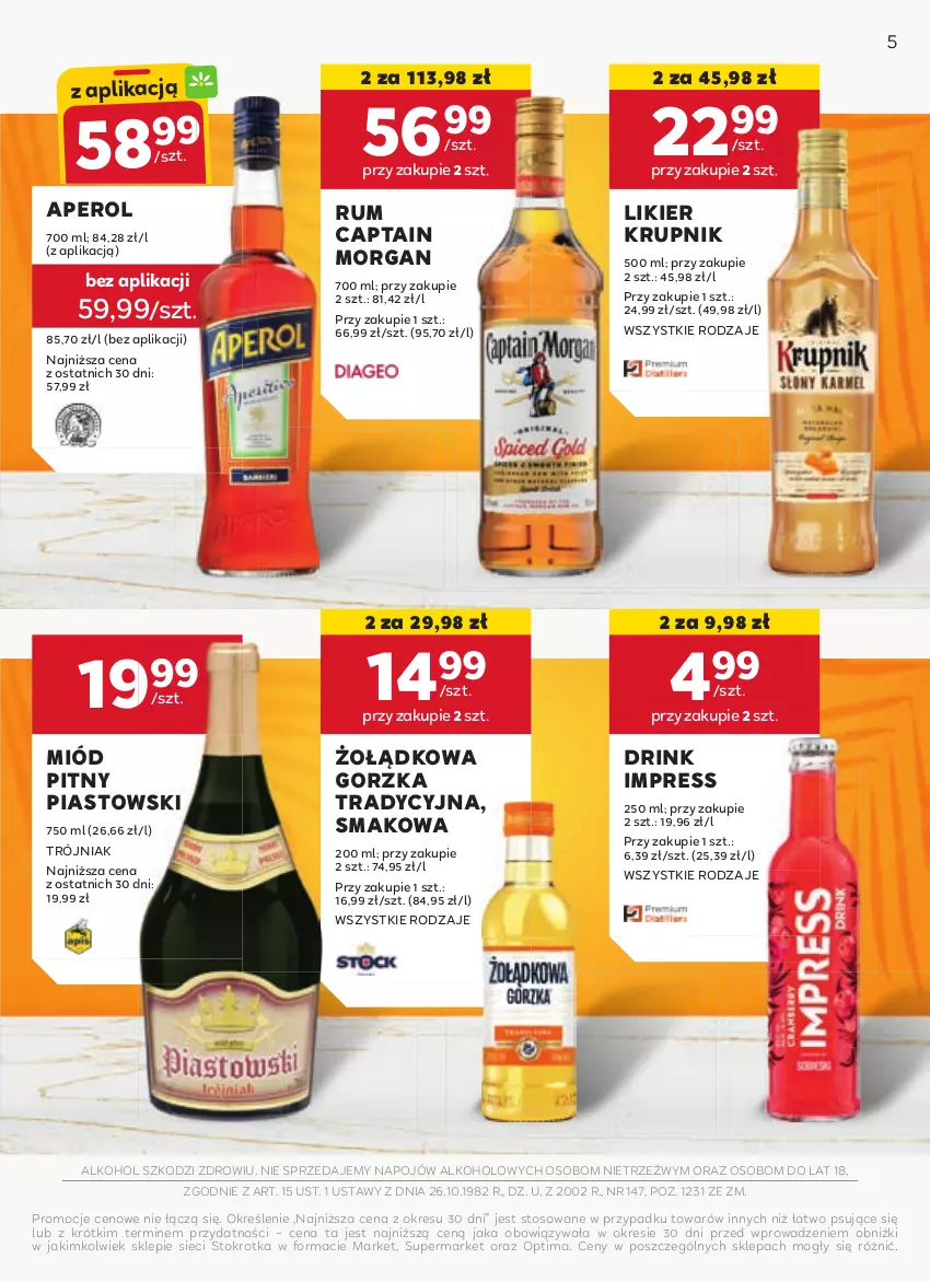 Gazetka promocyjna Stokrotka - Oferta alkoholowa - ważna 22.06 do 19.07.2024 - strona 5 - produkty: Aperol, Captain Morgan, Krupnik, Likier, Miód, Miód pitny, Optima, Piast, Rum