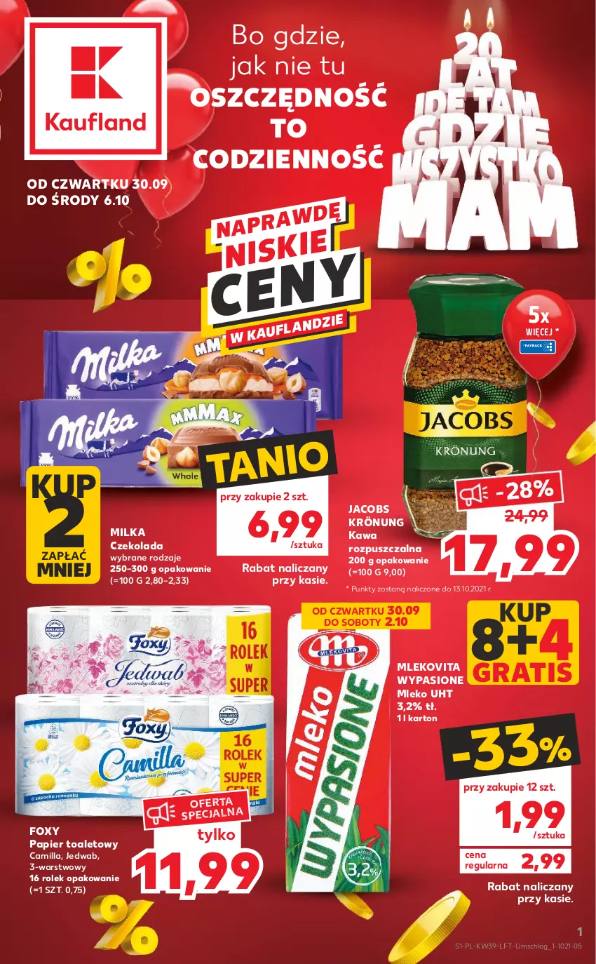 Gazetka promocyjna Kaufland - OFERTA TYGODNIA - ważna 30.09 do 06.10.2021 - strona 1 - produkty: Czekolada, Foxy, Gra, Jacobs, Jacobs Krönung, Kawa, Kawa rozpuszczalna, Milka, Mleko, Mlekovita, Papier, Papier toaletowy