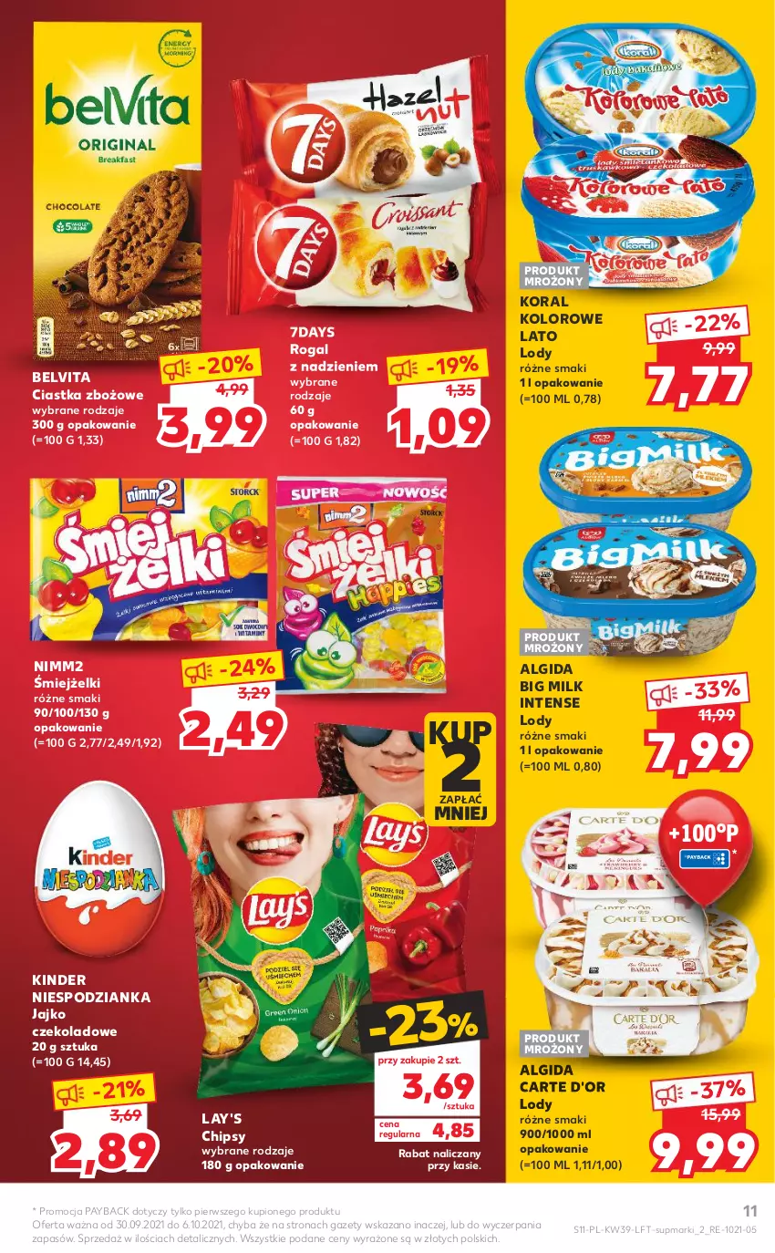 Gazetka promocyjna Kaufland - OFERTA TYGODNIA - ważna 30.09 do 06.10.2021 - strona 11 - produkty: Algida, BelVita, Big Milk, Carte d'Or, Chipsy, Ciastka, Kinder, LG, Lody, Nimm2, Rogal, Vita C