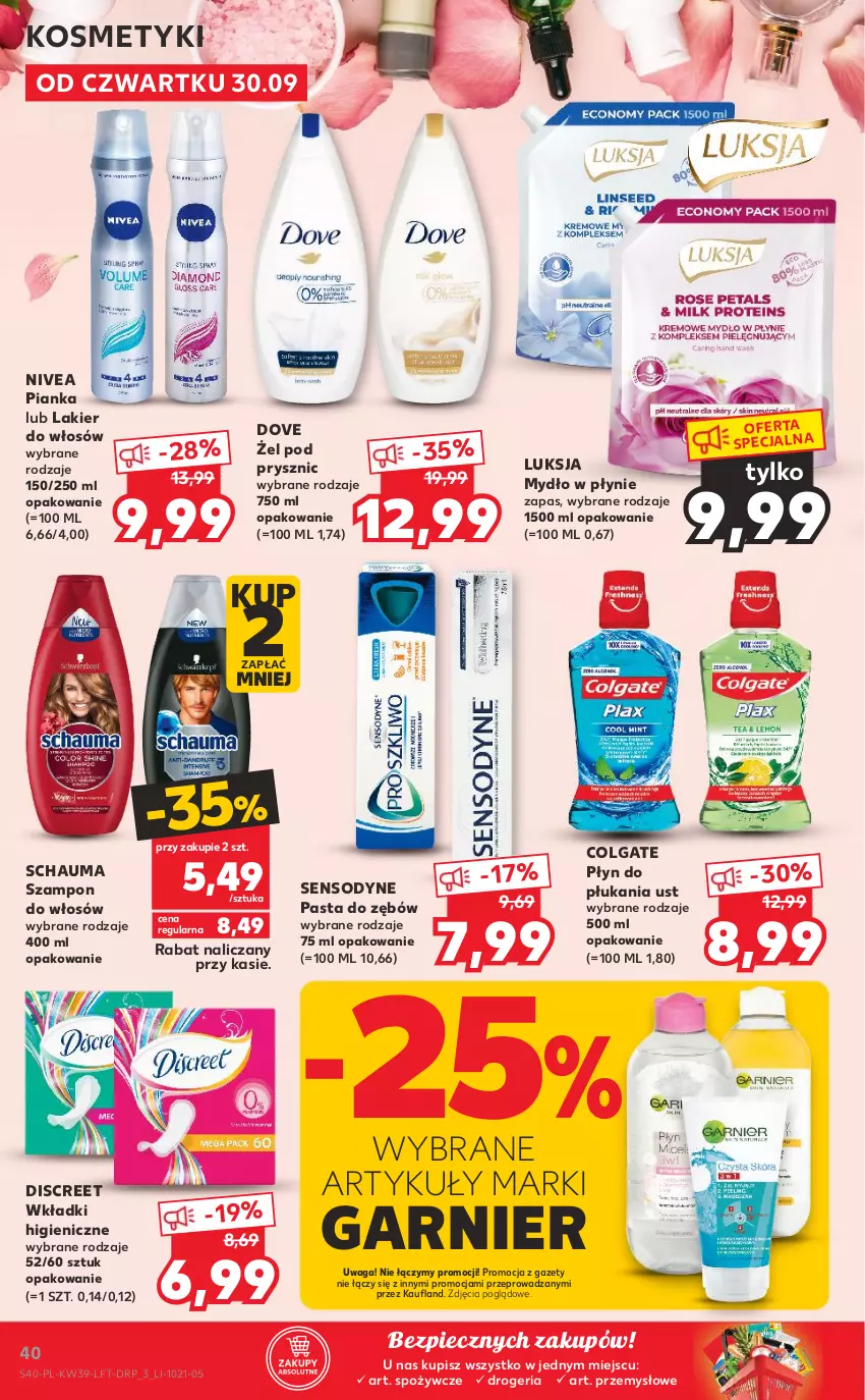 Gazetka promocyjna Kaufland - OFERTA TYGODNIA - ważna 30.09 do 06.10.2021 - strona 40 - produkty: Colgate, Discreet, Dove, Garnier, Lakier, Lakier do włosów, LG, Luksja, Mydło, Mydło w płynie, Nivea, Pasta do zębów, Piec, Płyn do płukania, Schauma, Sensodyne, Szampon, Waga, Wkładki