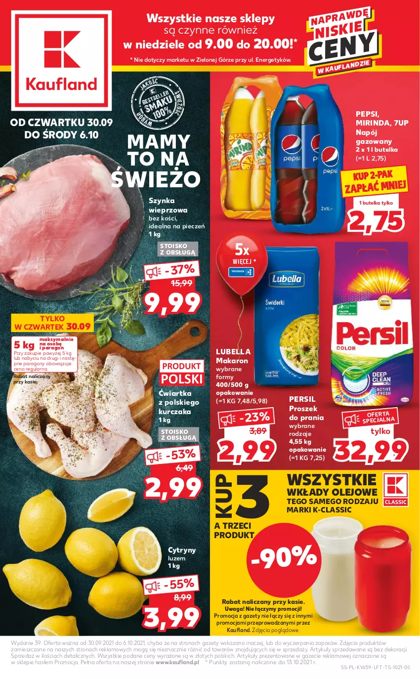 Gazetka promocyjna Kaufland - OFERTA TYGODNIA - ważna 30.09 do 06.10.2021 - strona 5 - produkty: 7up, Bell, Bella, Cytryny, Kurczak, Lubella, Makaron, Mirinda, Napój, Napój gazowany, Olej, Pepsi, Persil, Piec, Proszek do prania, Szynka, Szynka wieprzowa, Waga